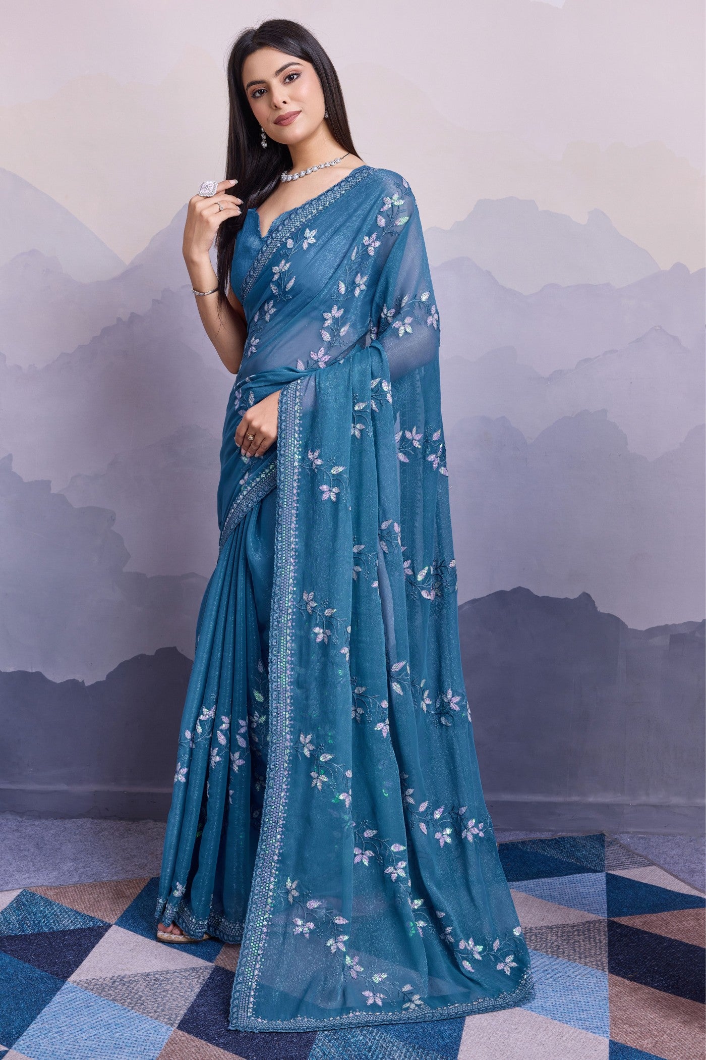 Buy MySilkLove Celadon Blue Embroidered Designer Chiffon Saree Online