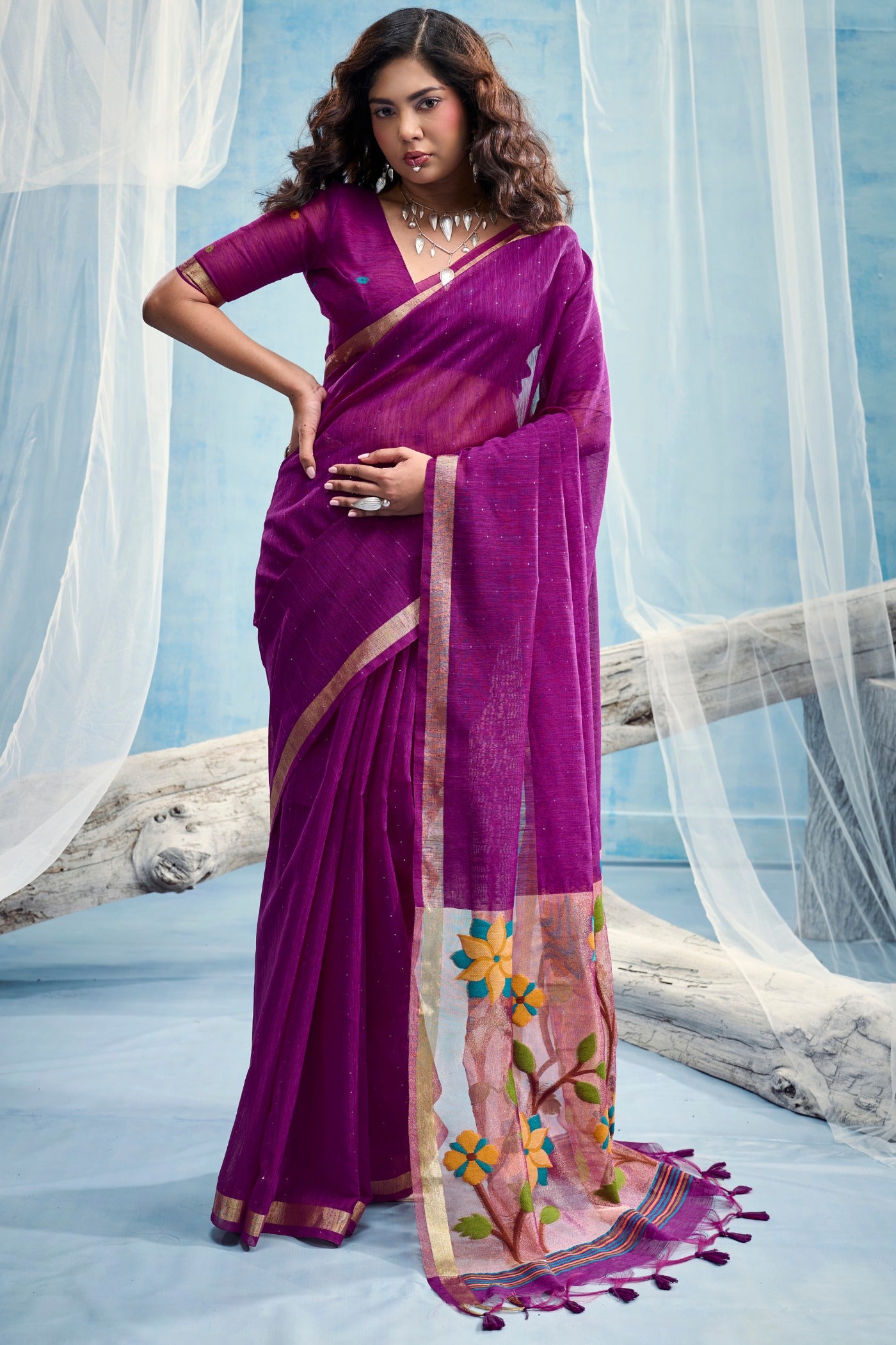 Buy MySilkLove Plum Purple Munga Handloom Tissue Pallu Saree Online