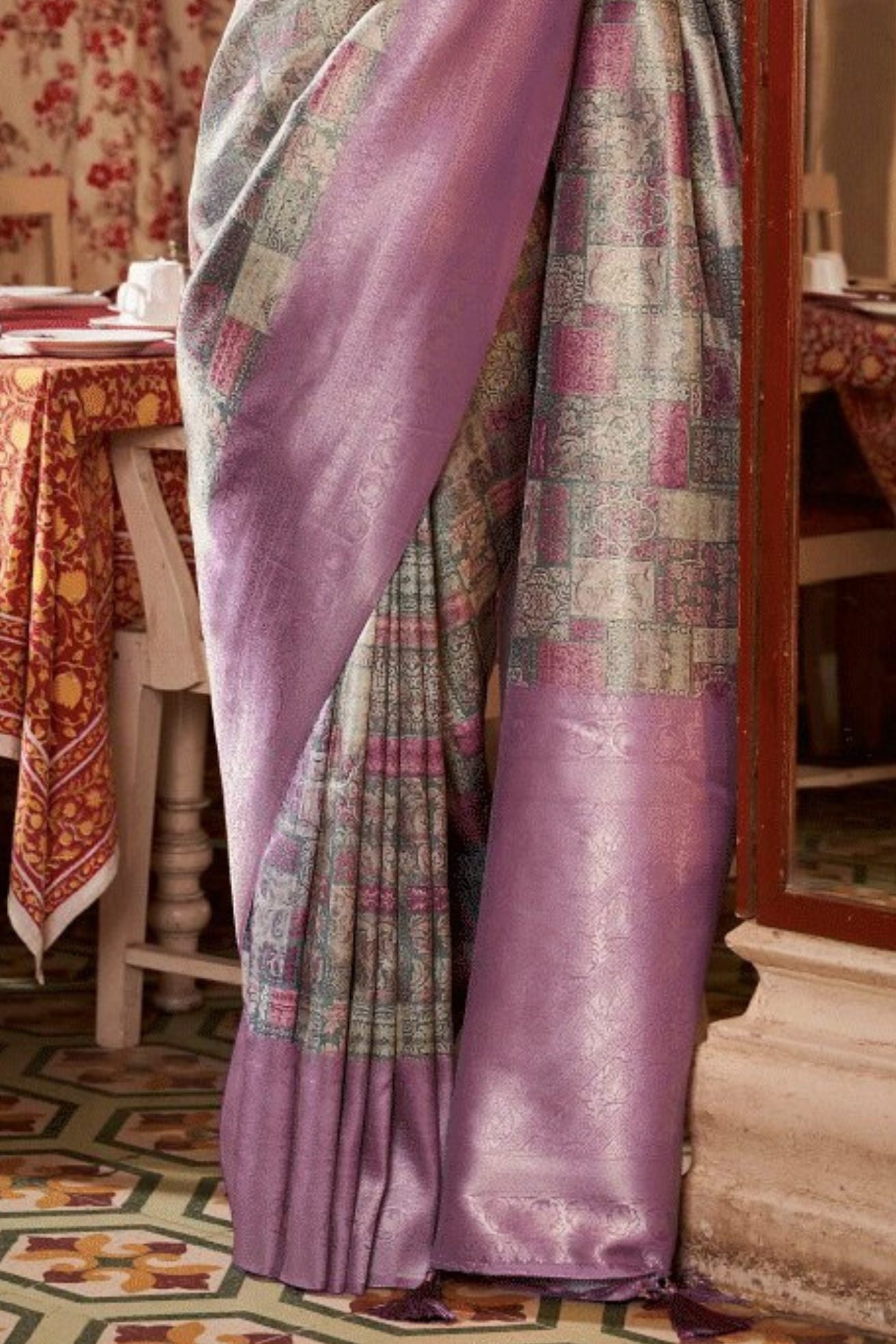 Buy MySilkLove Oriental Purple and Grey Banarasi Digital Printed Saree Online