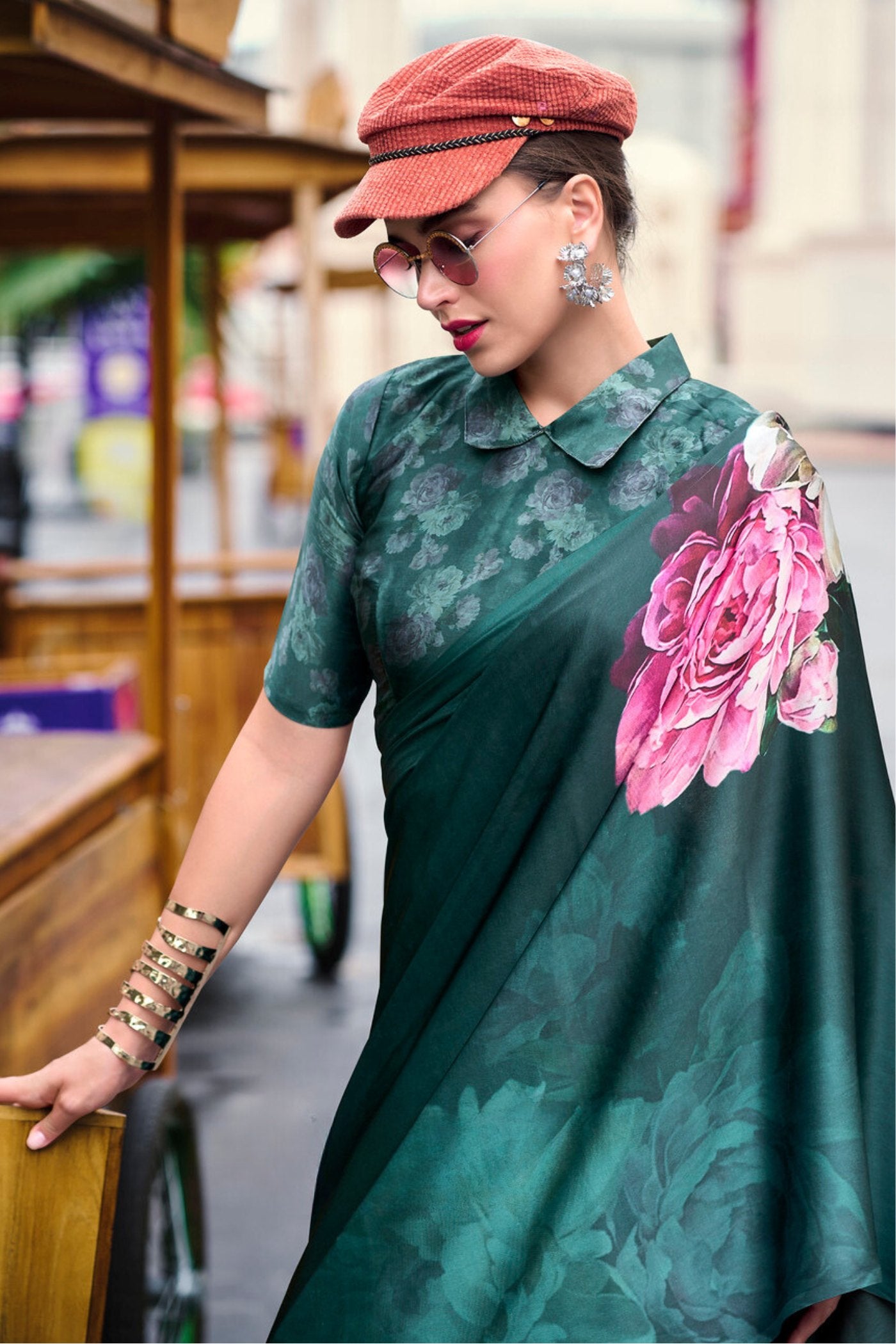 Buy MySilkLove Firefly Green Printed Satin Crepe Silk Saree Online