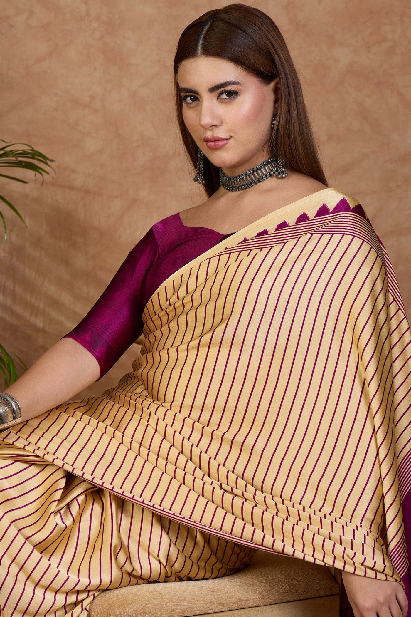 MySilkLove Fawn Cream and Purple Stripe Ajrakh Printed Satin Crepe Silk Saree