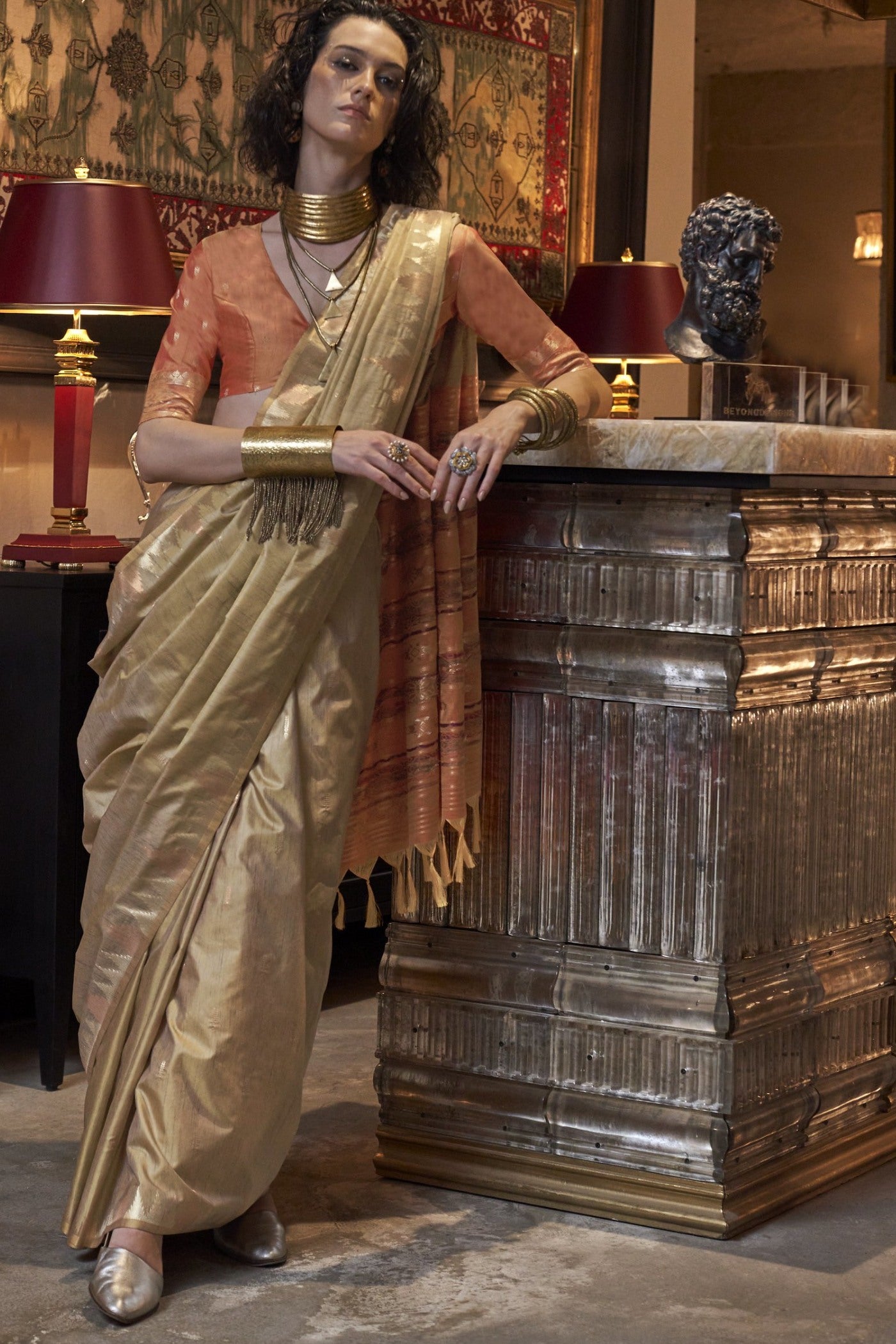 MySilkLove Dusty Brown Woven Linen Saree