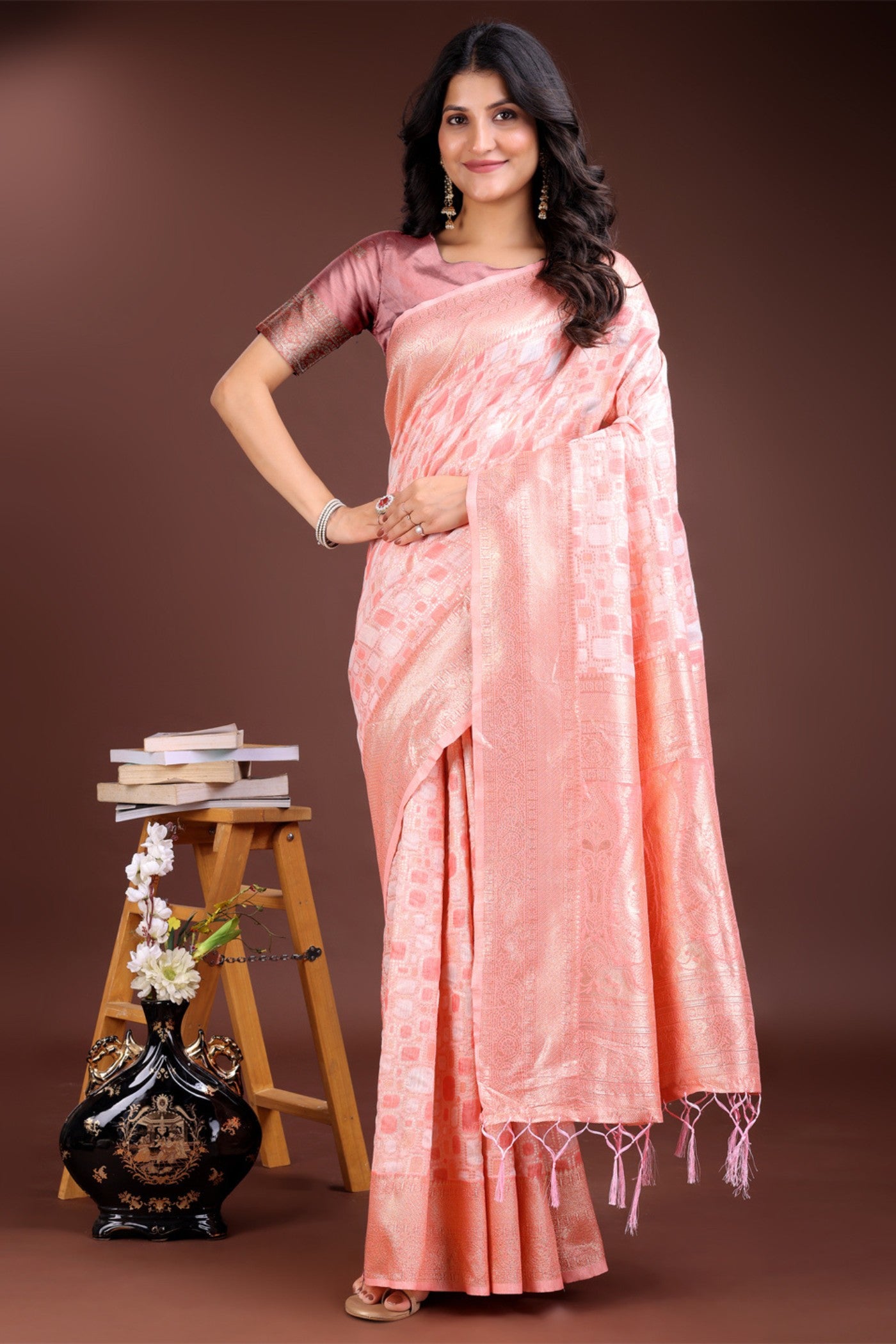 Buy MySilkLove Georgia Peach Woven Linen Cotton Saree Online