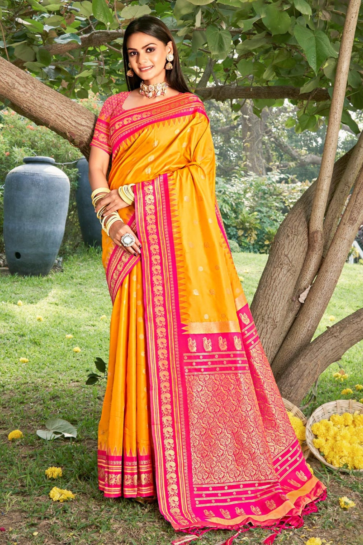 Buy MySilkLove Arylide Yellow Banarasi Woven Soft Silk Saree Online
