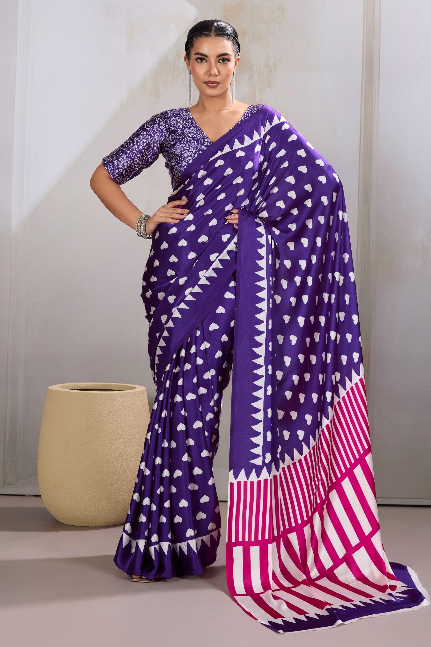 Buy MySilkLove Honey Flower Purple Printed Satin Crepe Silk Saree Online