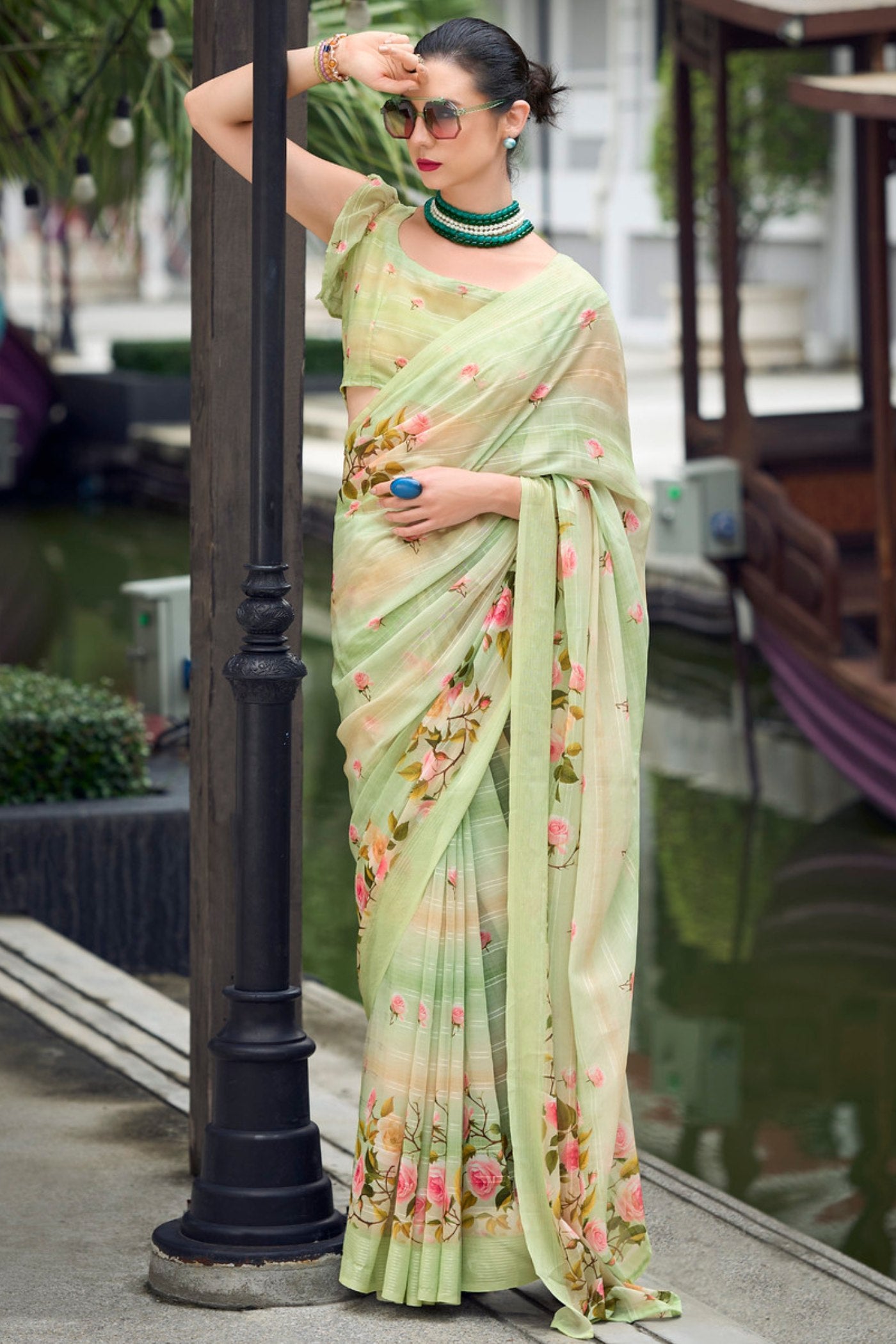 Buy MySilkLove Tana Green Chiffon Silk Saree Online