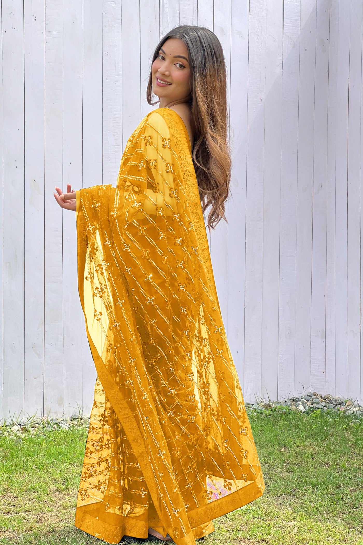 Buy MySilkLove Amber Yellow Embroidered Partywear Saree Online