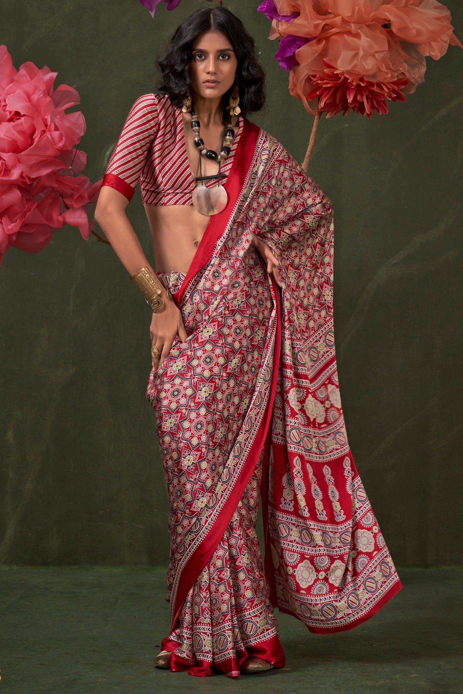 Buy MySilkLove Garnet Red Ajrakh Printed Satin Crepe Silk Saree Online