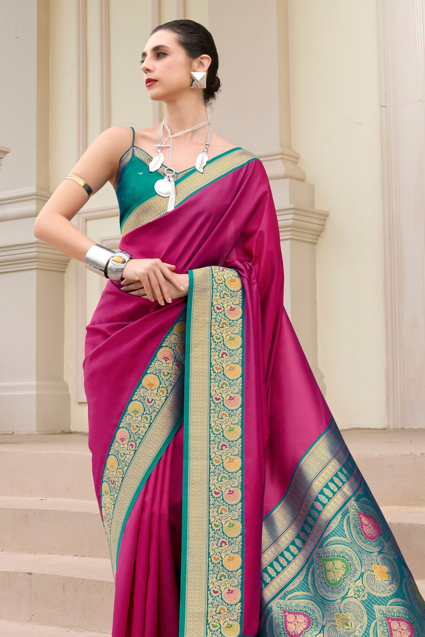 Buy MySilkLove Dragon Fruit Pink Woven Banarasi Soft Silk Saree Online