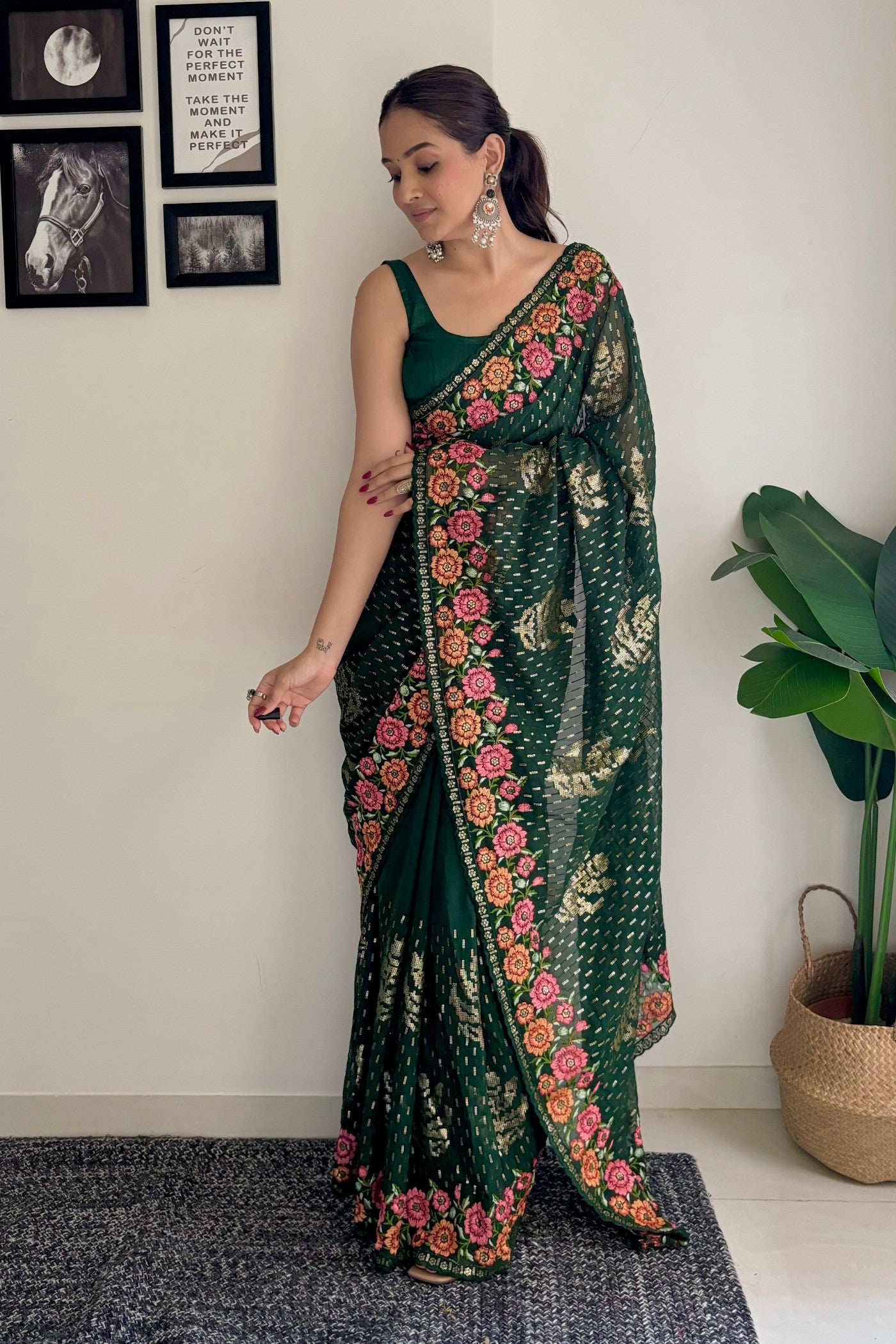 Buy MySilkLove Cadmium Green Embroidery Designer Georgette Saree Online