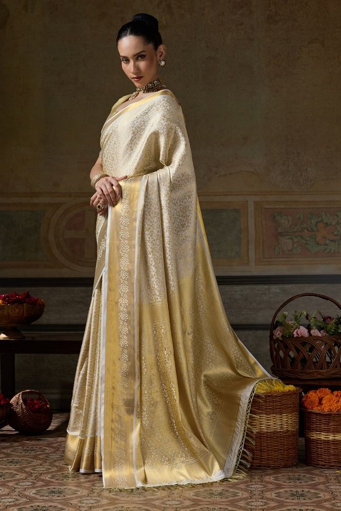 Buy MySilkLove Oyster White Woven Kanjivaram Saree Online