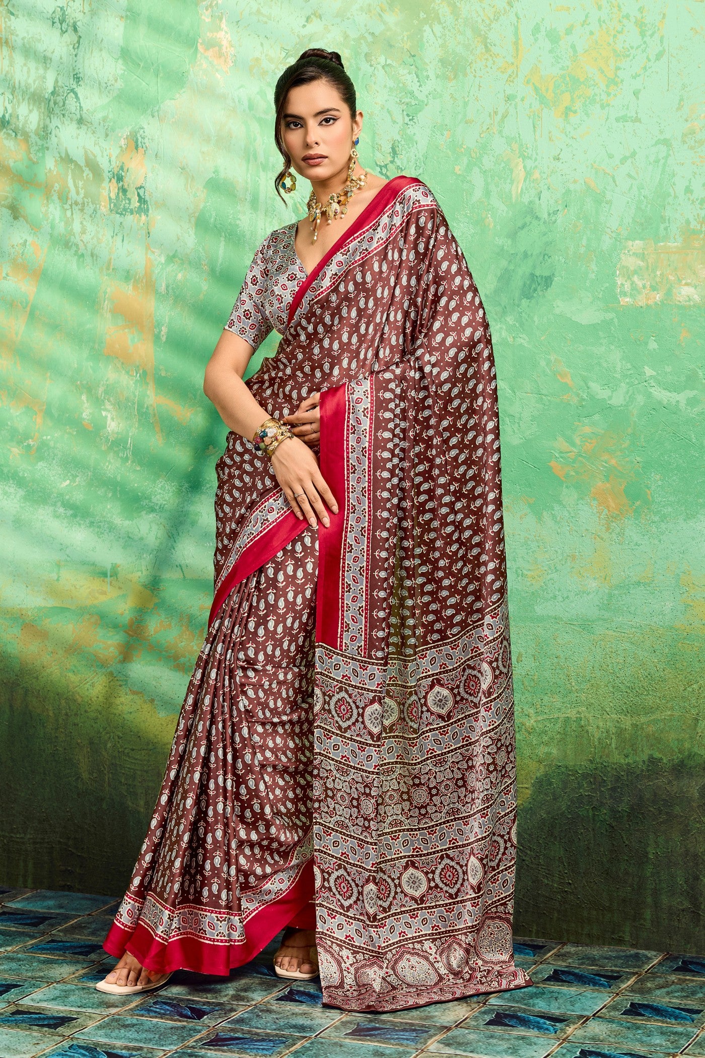 Buy MySilkLove Wine Maroon Modal Ajrakh Satin Printed Silk Saree Online