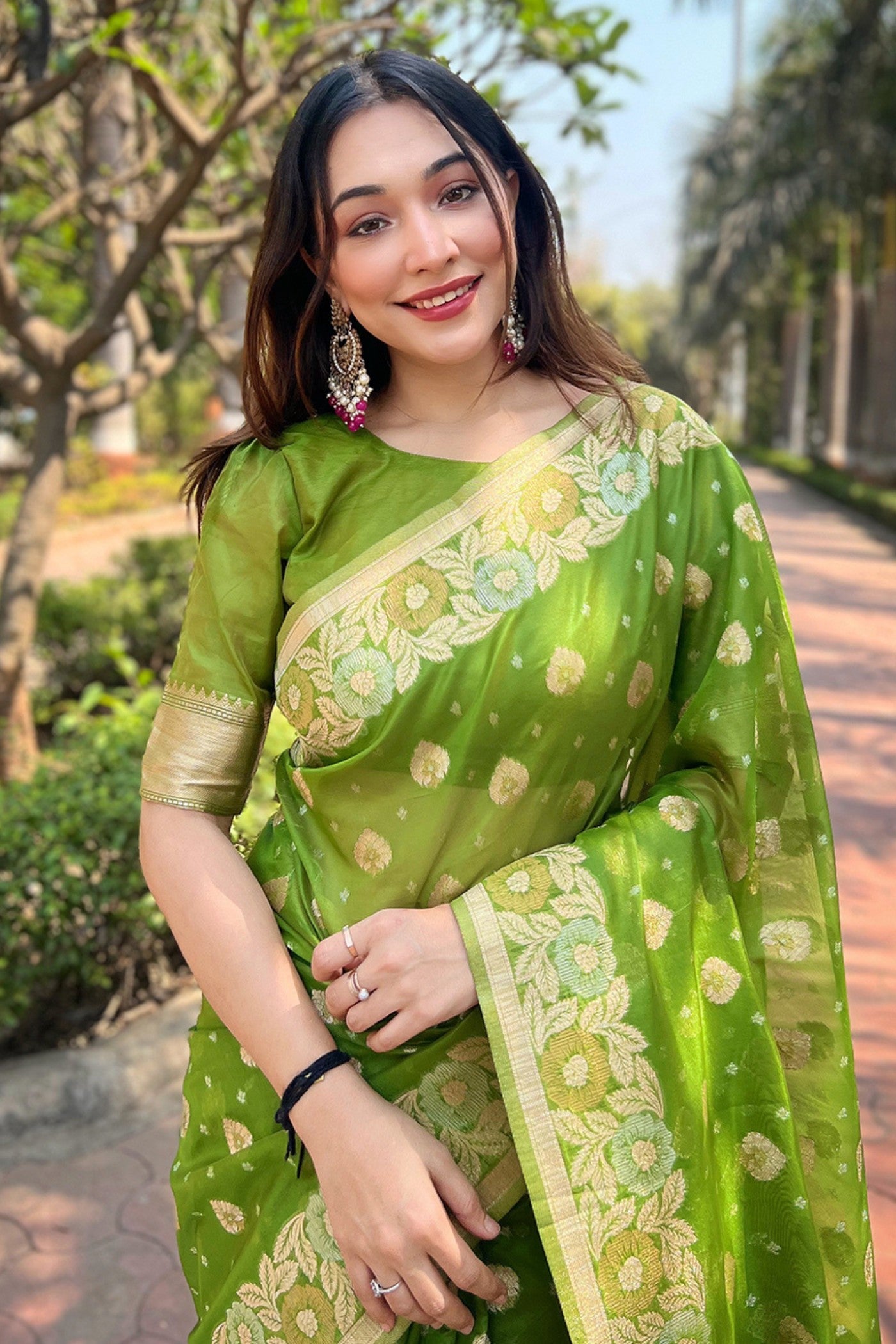 Buy MySilkLove Wasabi Green Zari Woven Organza Saree Online