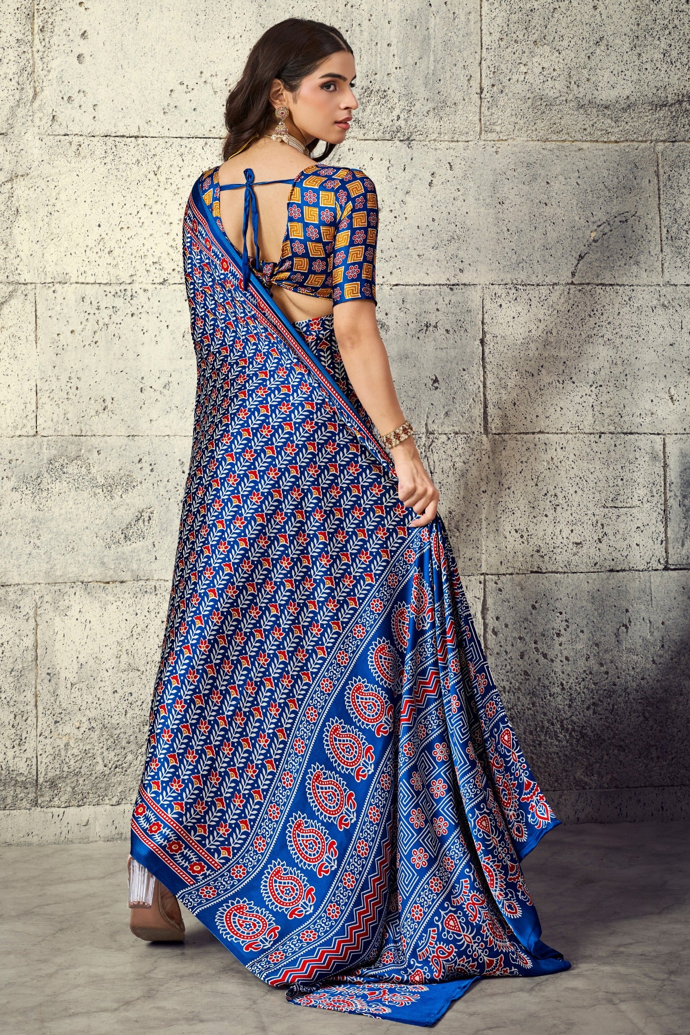 Buy MySilkLove Electric Blue Modal Ajrakh Satin Printed Silk Saree Online