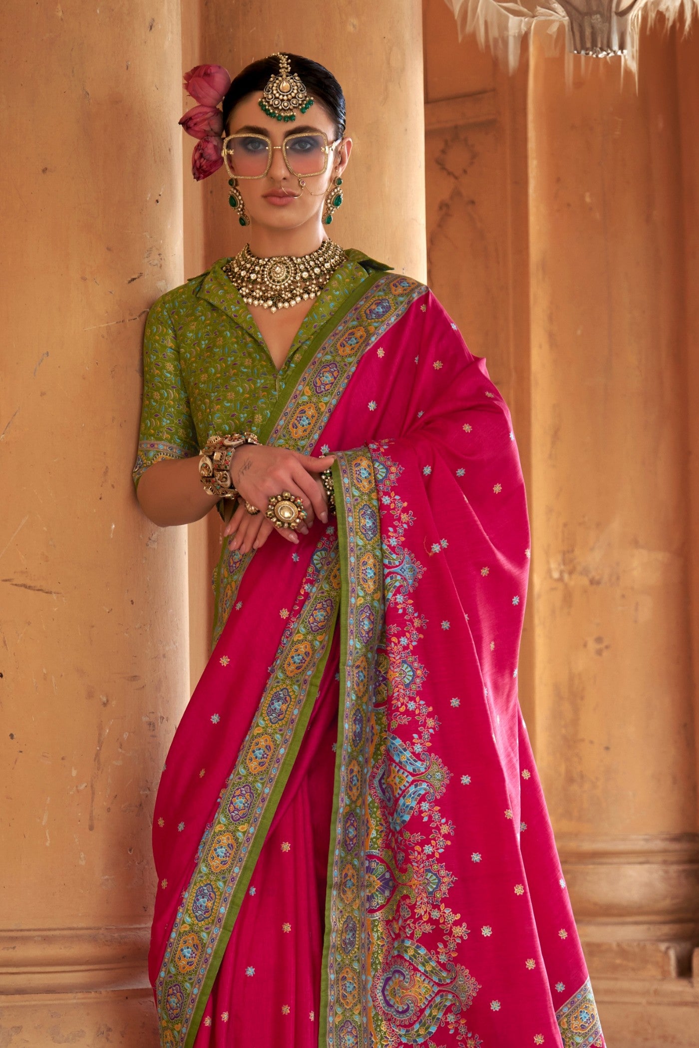 Buy MySilkLove Rose Red Printed Banarasi Saree Online