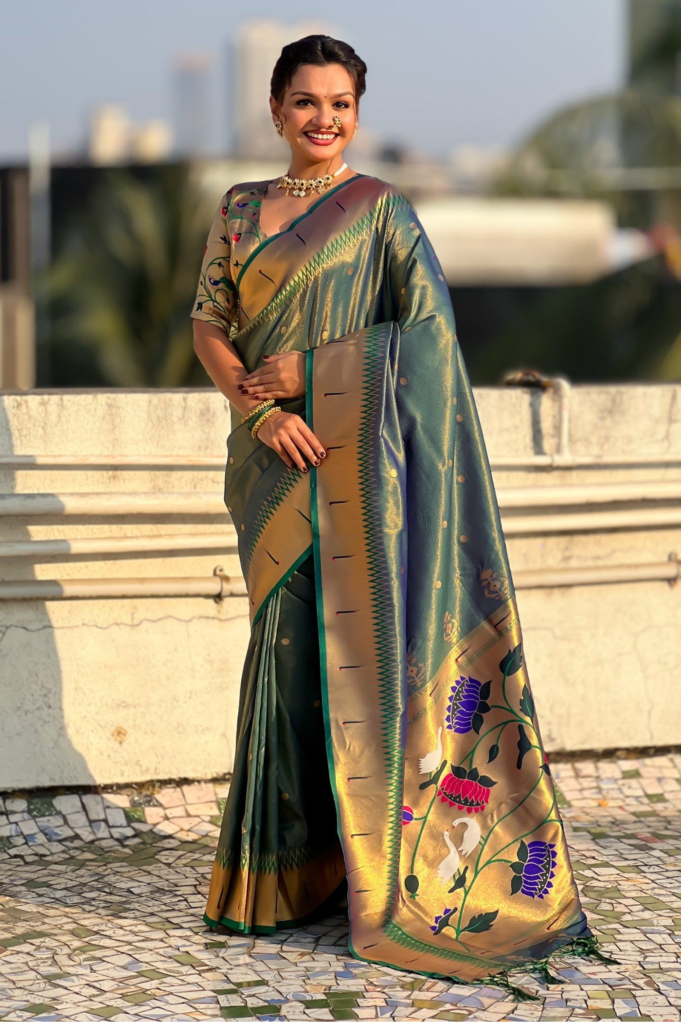 Buy MySilkLove Emerald Green Woven Tissue Paithani Saree Online