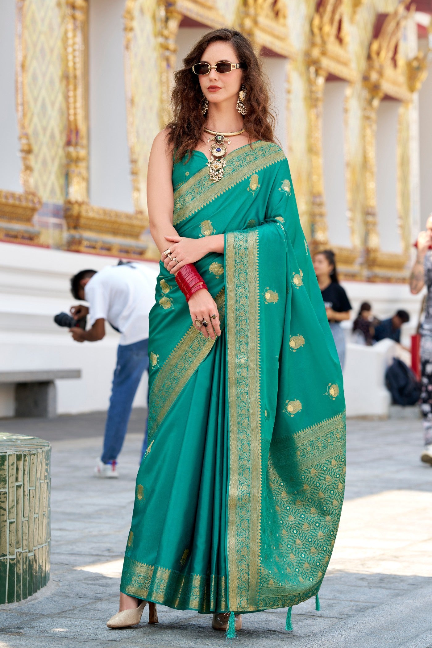 Buy MySilkLove Elf Green Woven Satin Silk Saree Online