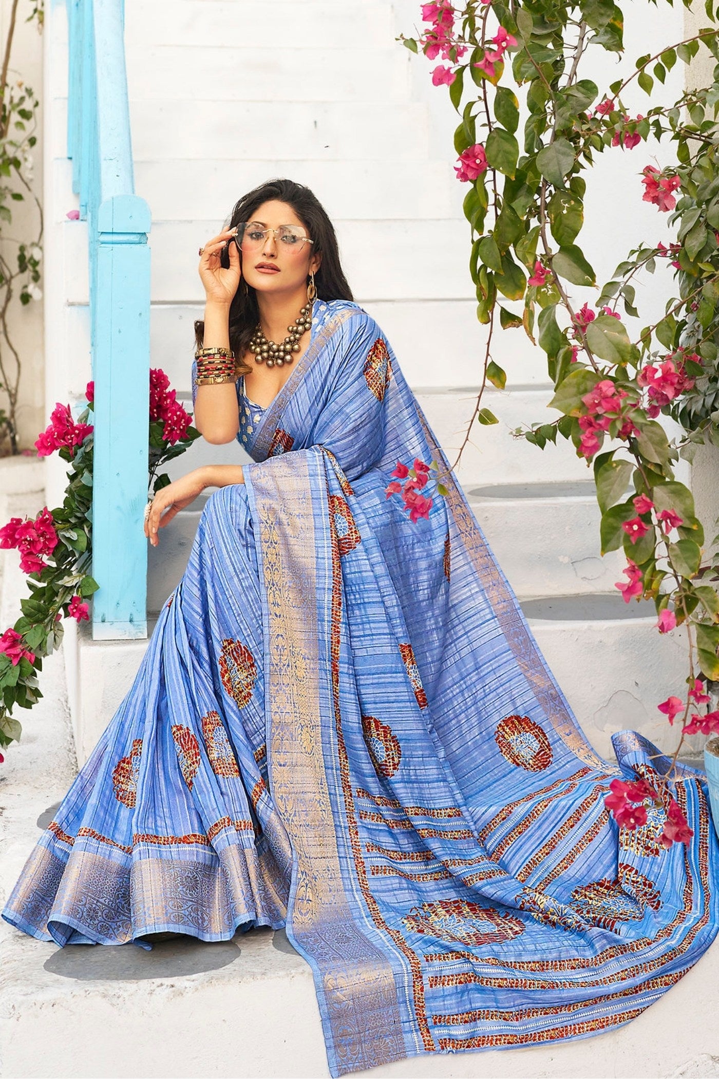 Buy MySilkLove Polo Blue Banarasi Printed Saree Online