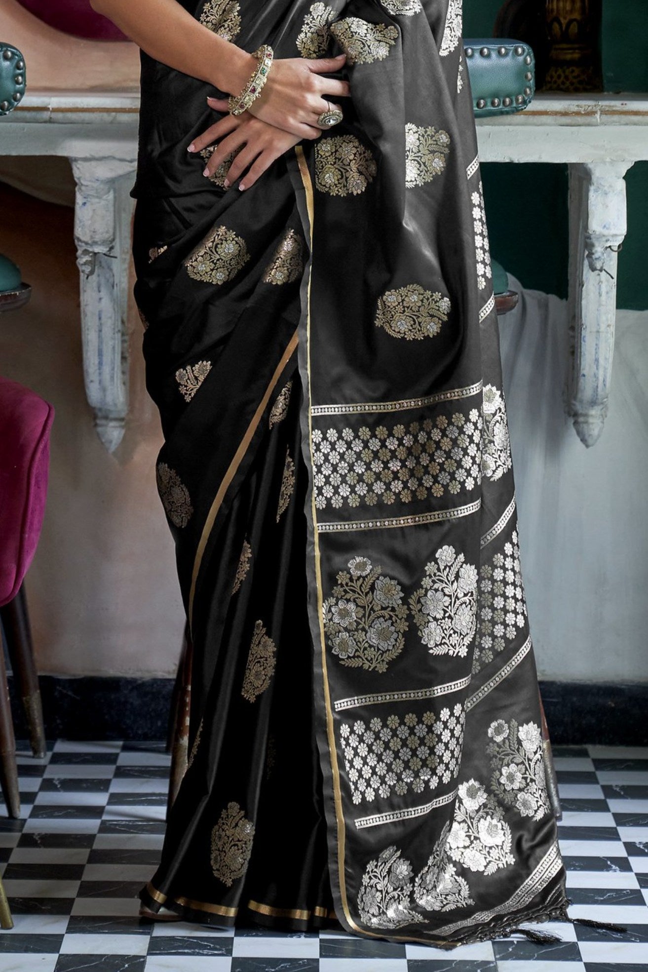 Buy MySilkLove Cinder Black Banarasi Handloom Satin Saree Online