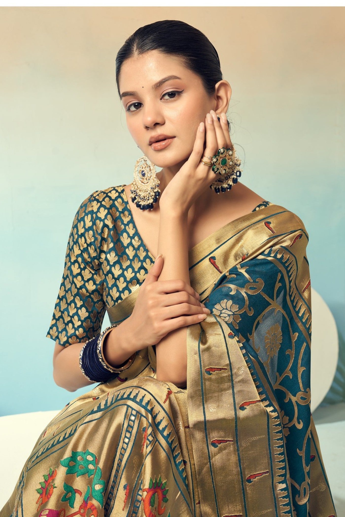 Buy MySilkLove Peacock Blue Designer Banarasi Georgette Saree Online