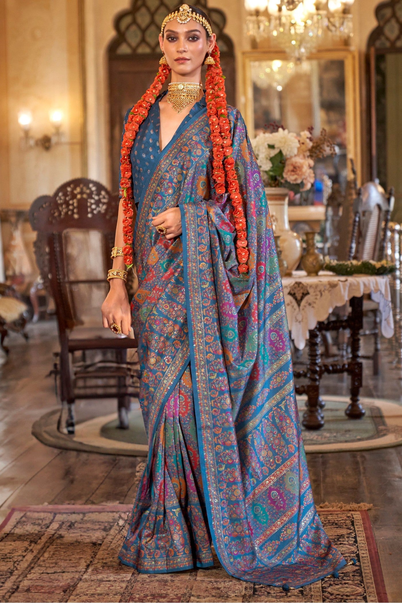 Buy MySilkLove Mulled Blue Printed Jamewar Saree Online