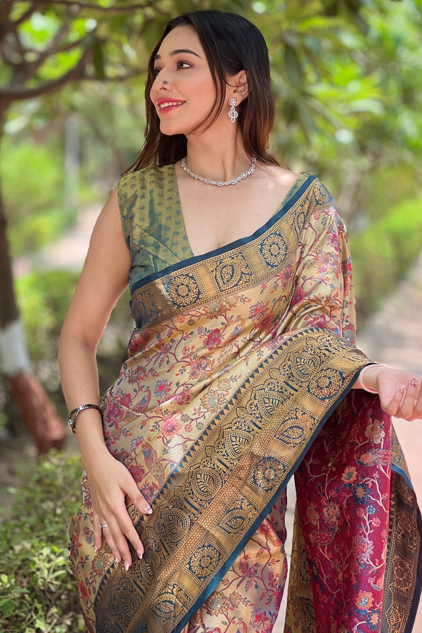 Buy MySilkLove Tumbleweed Cream and Green Woven Banarasi Saree Online