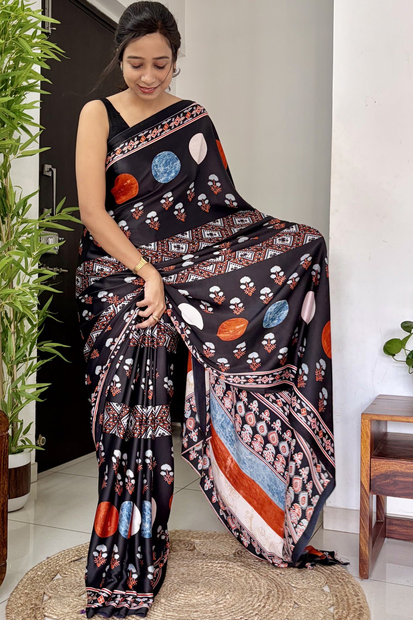 Buy MySilkLove Anthracite Black Printed Polka Dots Satin Crepe Saree Online