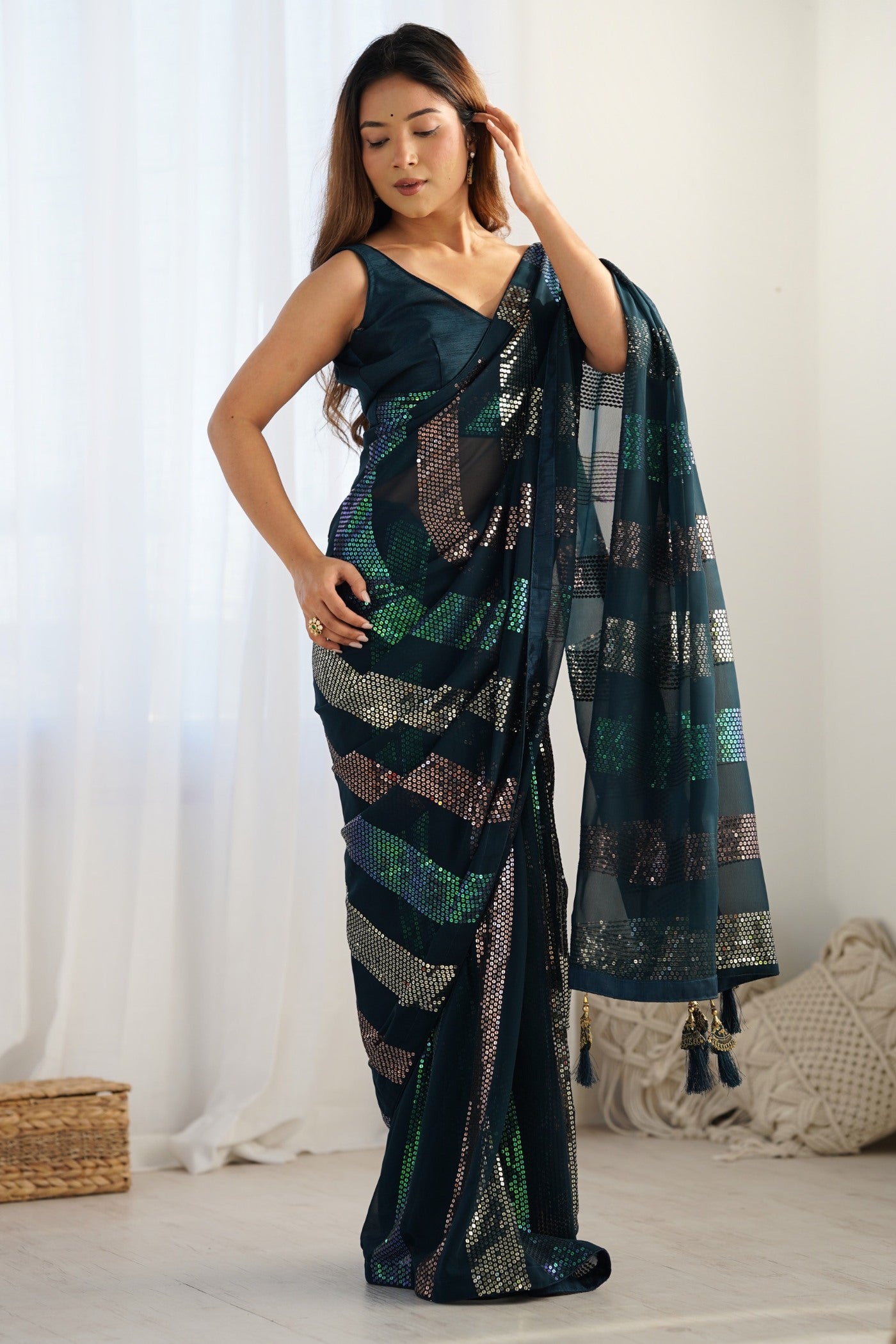 Buy MySilkLove Cornflower Blue Georgette Partywear Saree Online