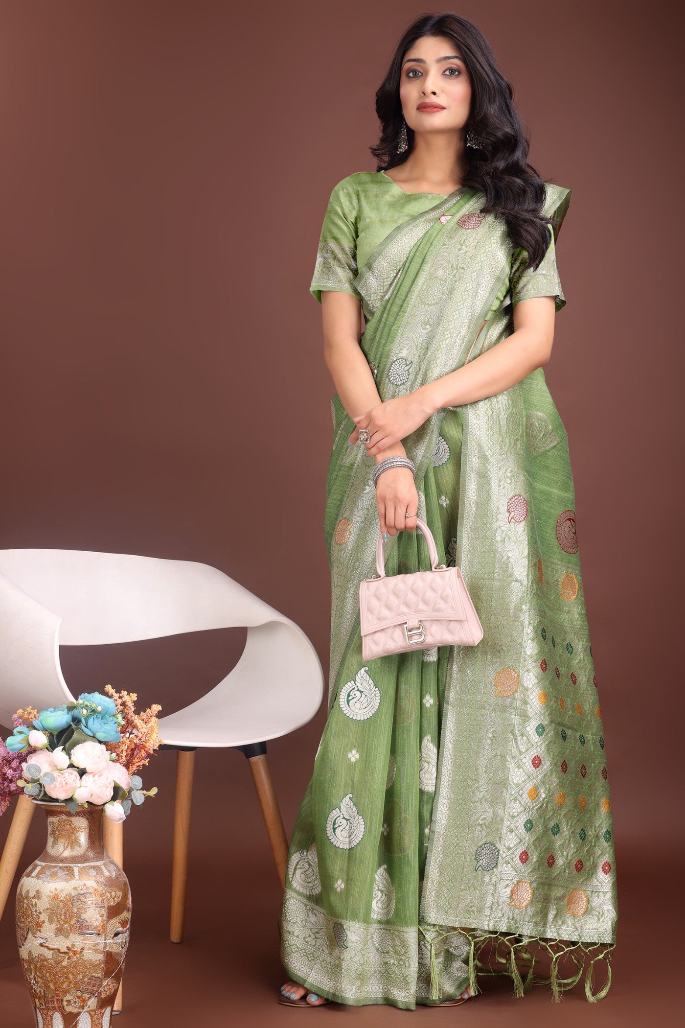 Buy MySilkLove Frog Green Linen Cotton Saree Online