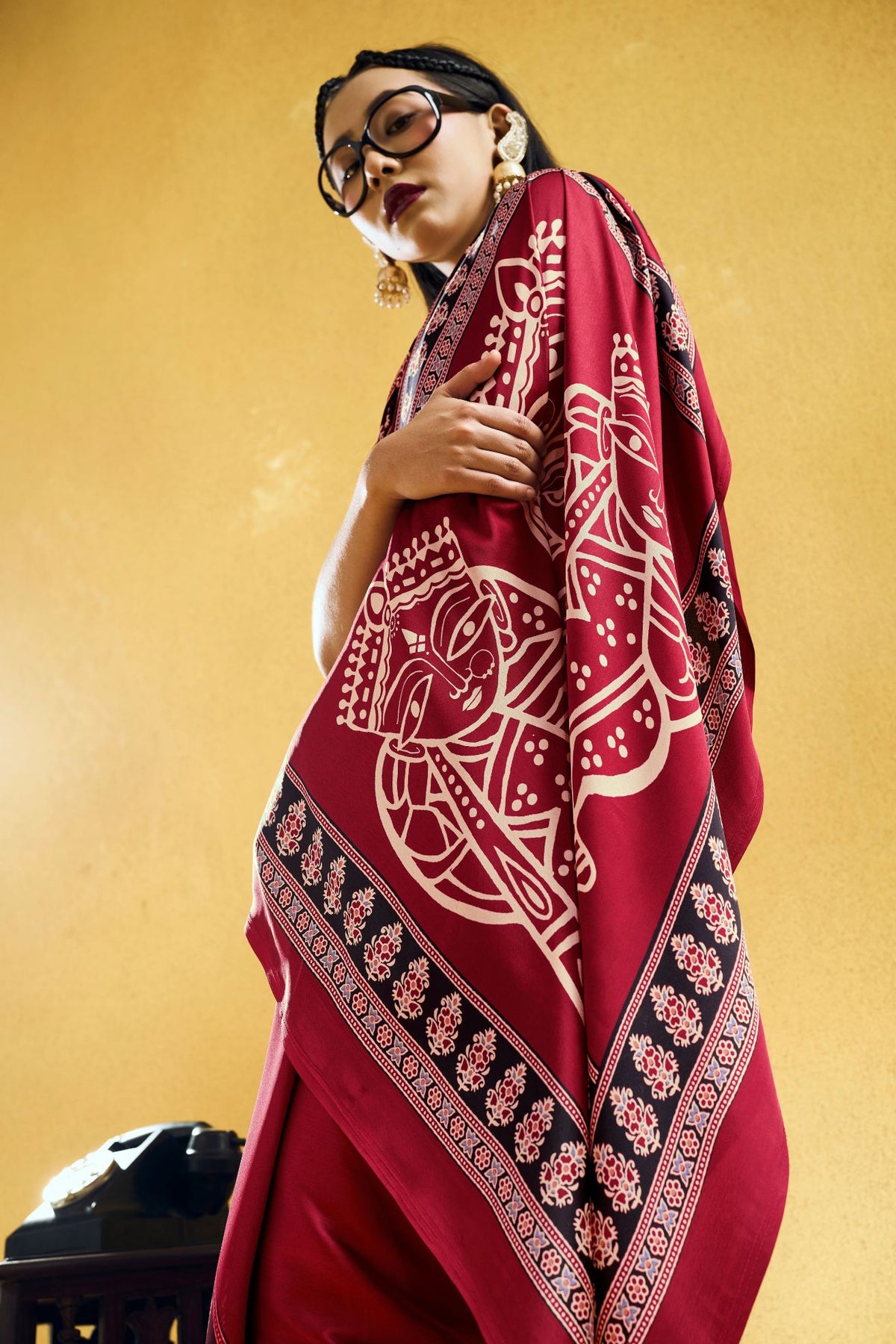 MySilkLove Ruby Red Modal Ajrakh Satin Printed Silk Saree