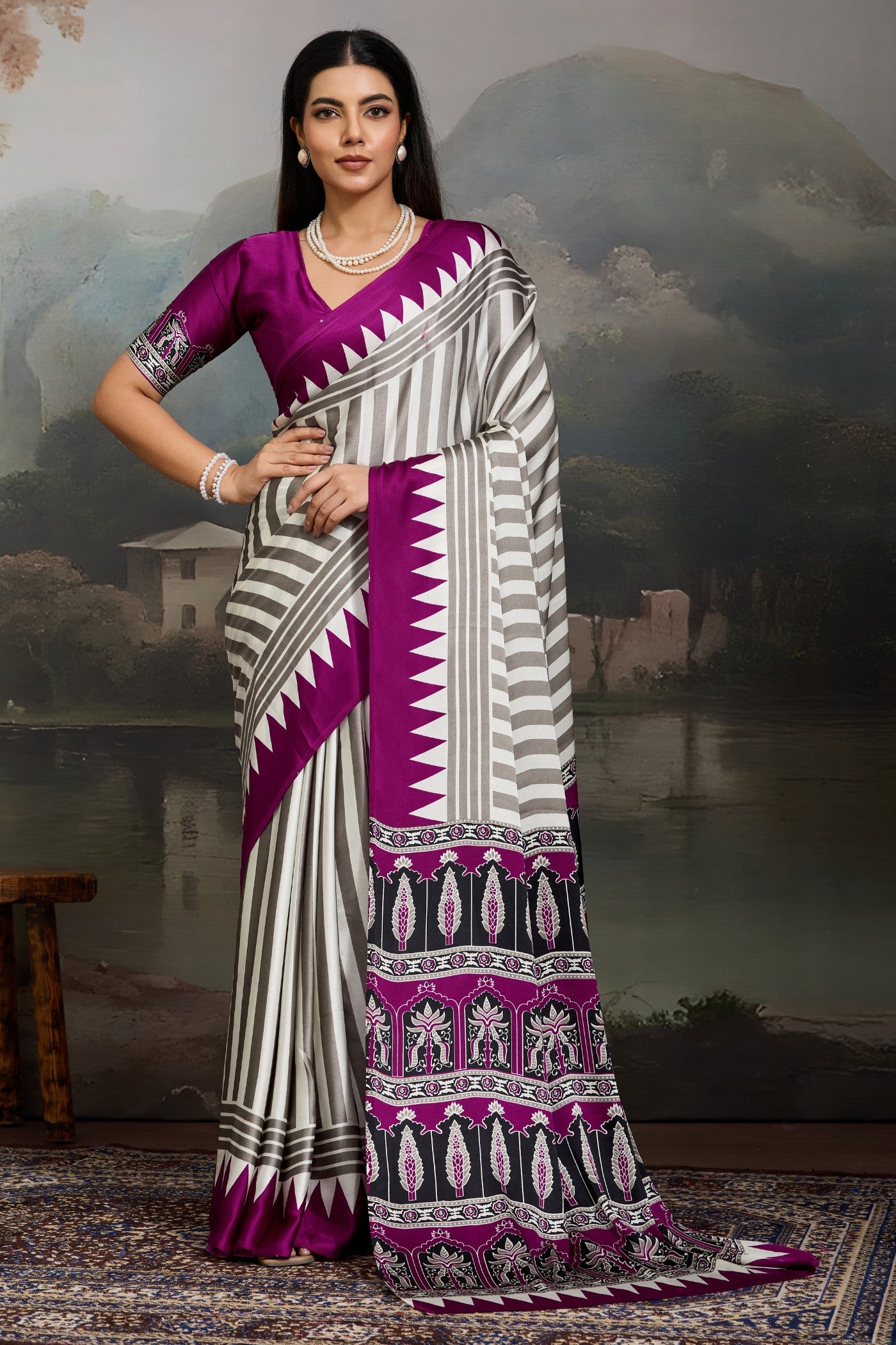 Buy MySilkLove Dutch White and Purple Ajrakh Printed Satin Crepe Silk Saree Online