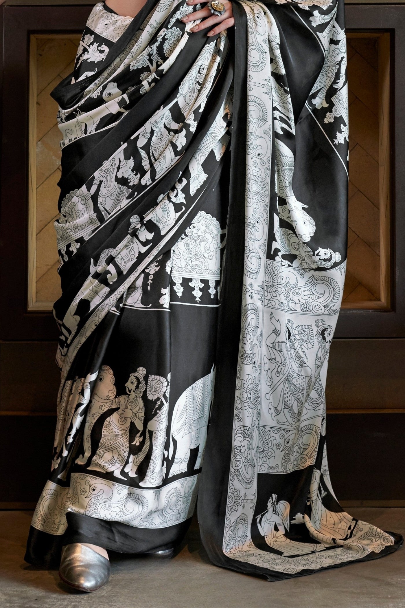 Buy MySilkLove Asher Black and White Patola Printed Satin Crepe Saree Online