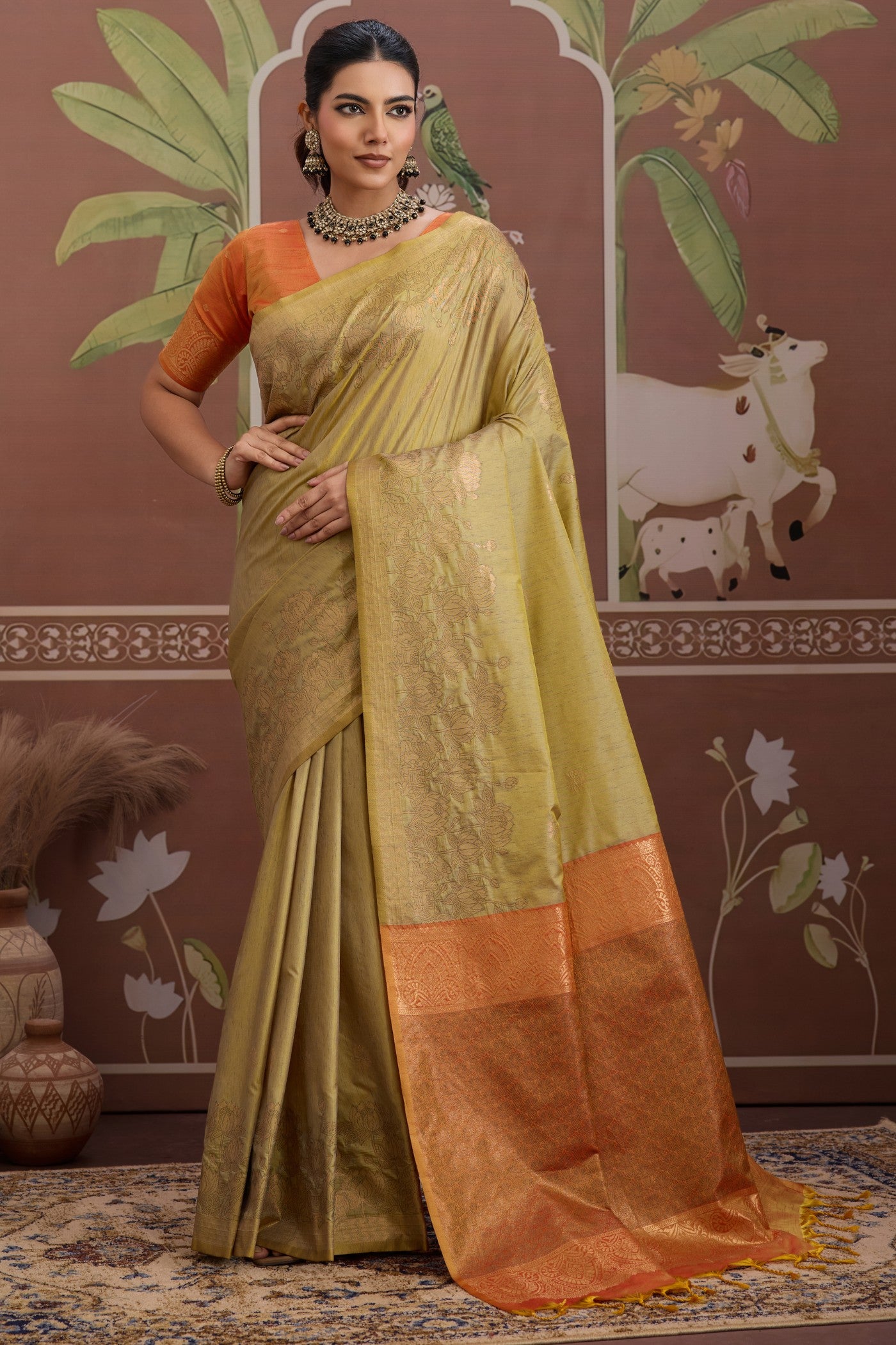 Buy MySilkLove Apple Green Banarasi Handloom Tussar Saree Online