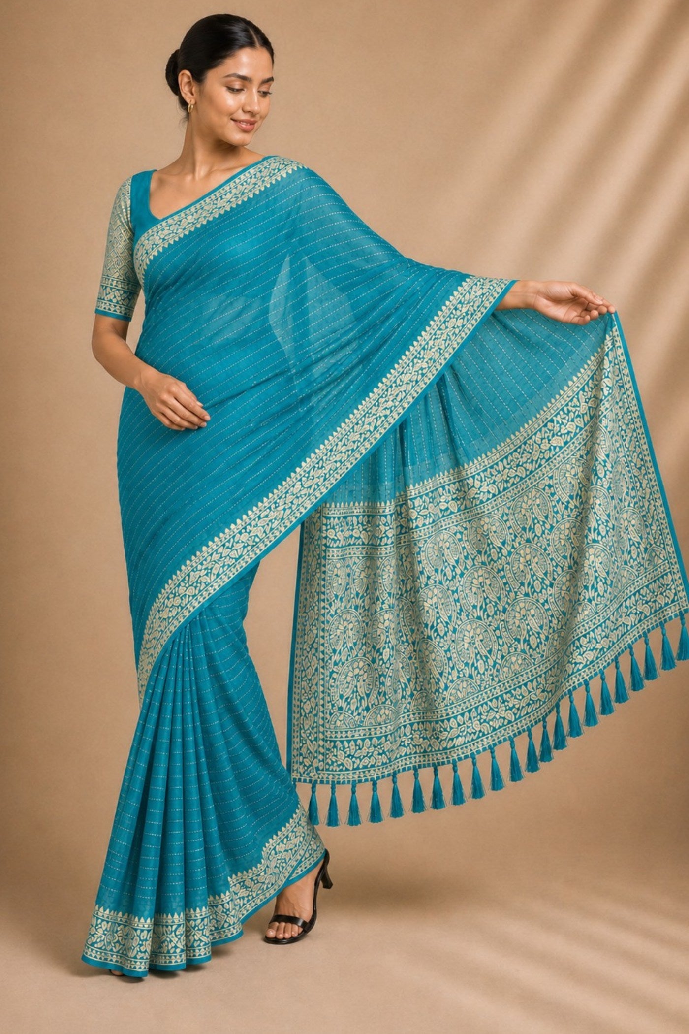 Buy MySilkLove Aqua Blue Woven Chiffon Saree Online