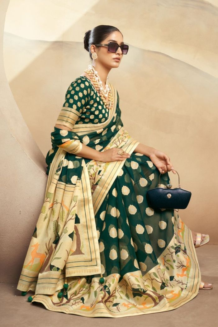 Buy MySilkLove Green Kelp Woven Georgette saree Online