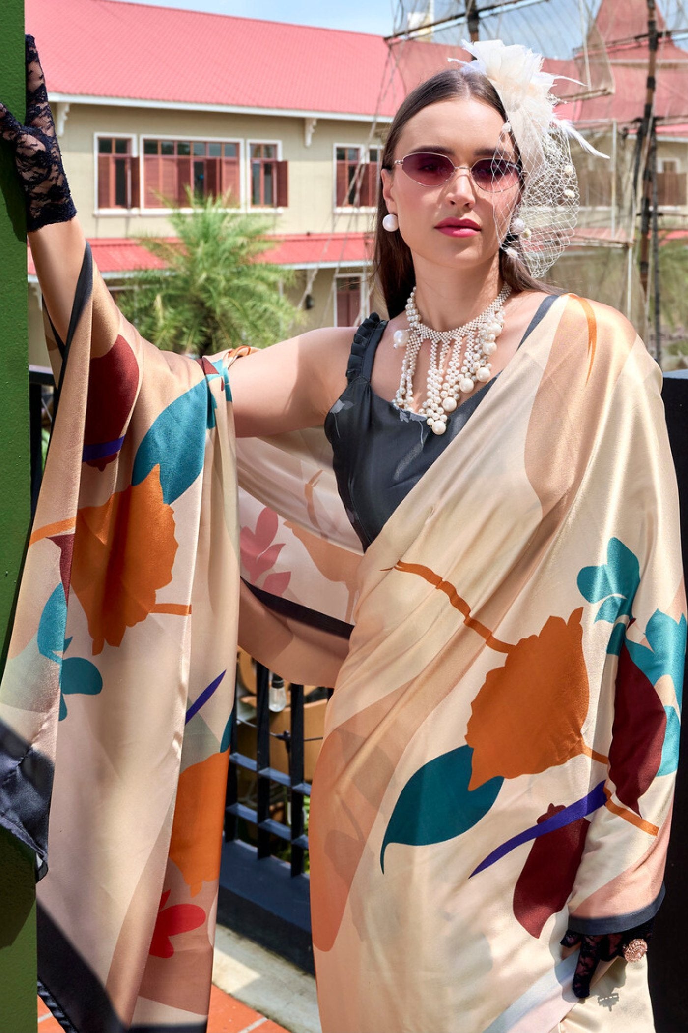 Buy MySilkLove Sidecar Cream Printed Satin Crepe Silk Saree Online