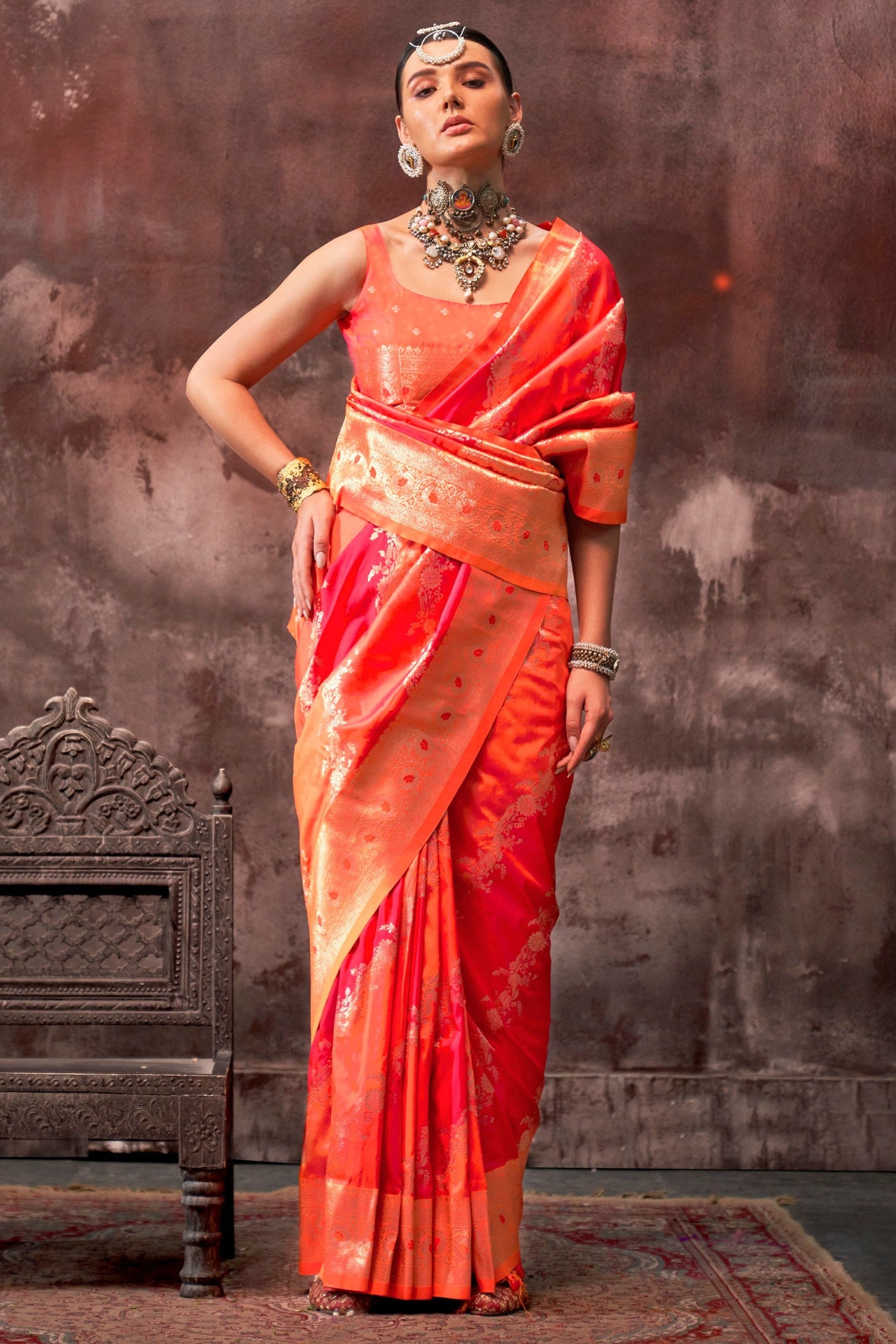 Buy MySilkLove Monarch Orange and Red Rangkaat Handloom Banarasi Saree Online