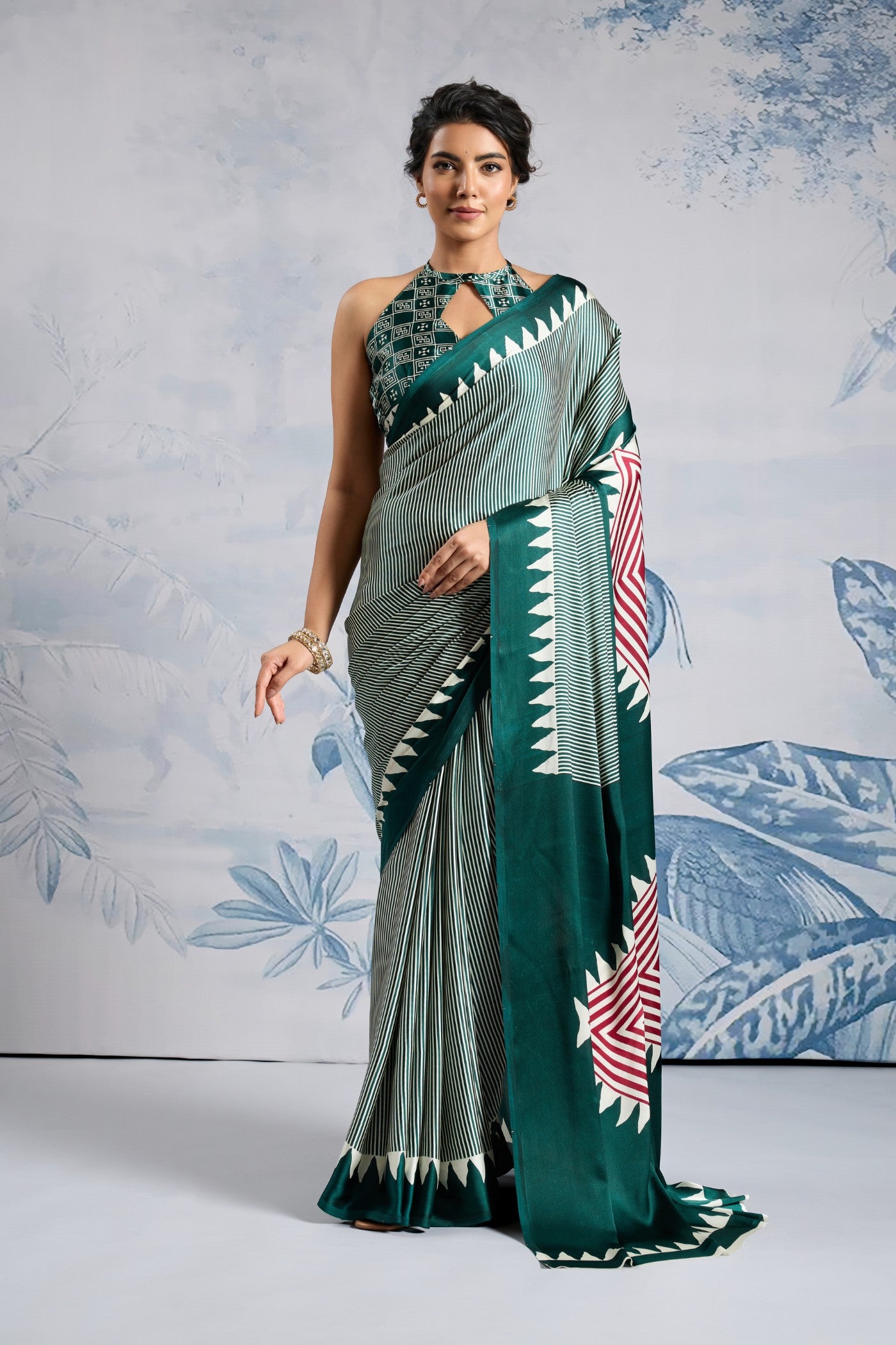 Buy MySilkLove Beryl Green Stripe Ajrakh Printed Satin Crepe Silk Saree Online