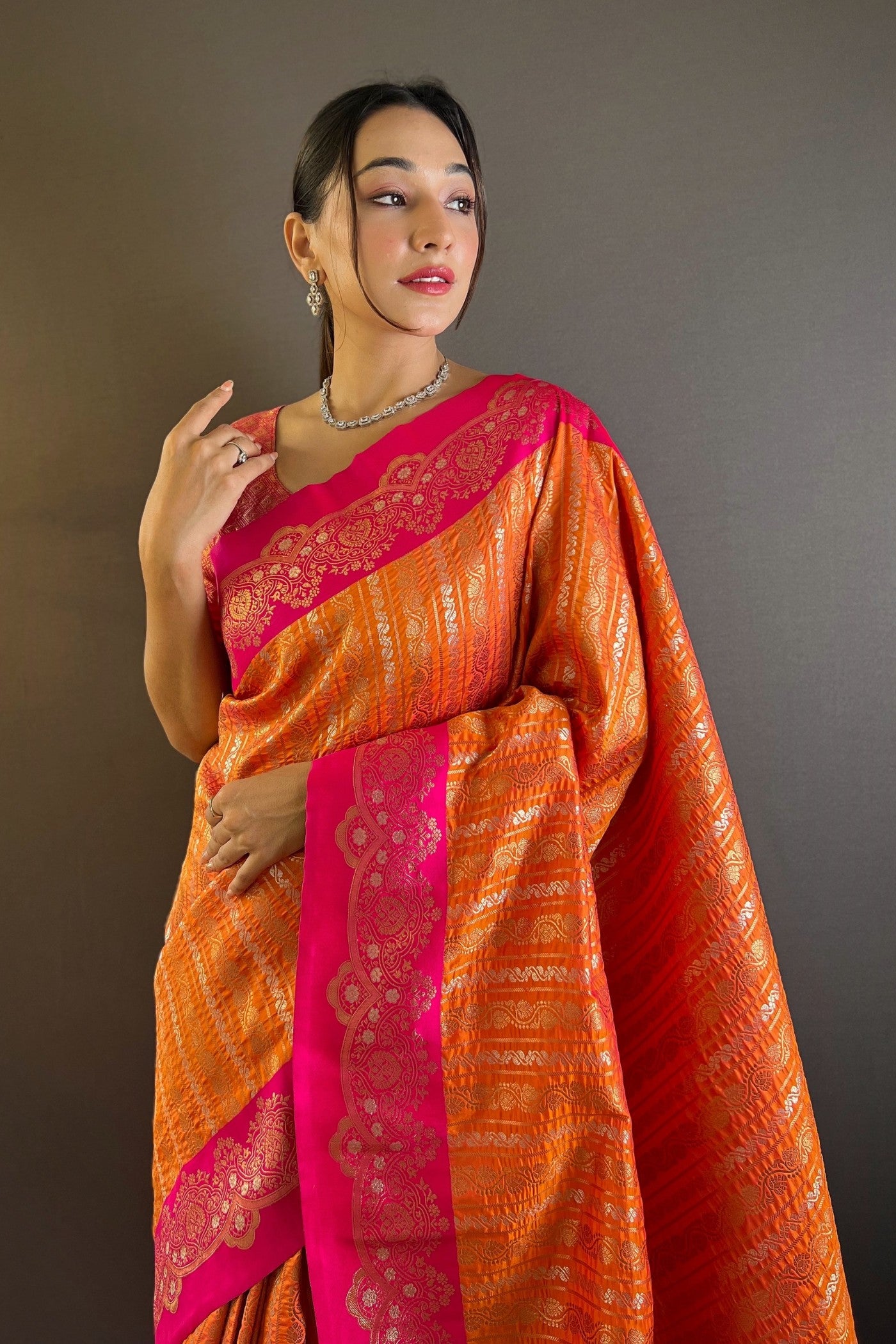 MySilkLove Salmon Orange Zari Woven Banarasi Saree