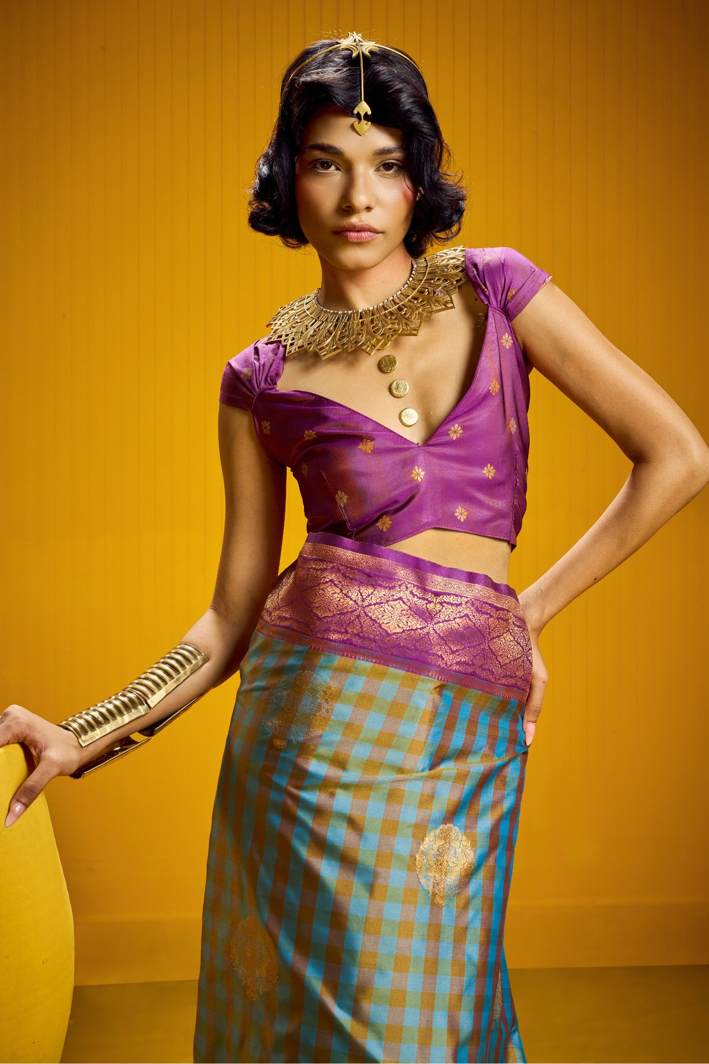 Buy MySilkLove Slate Blue Banarasi Two Tone Checks Handloom Saree Online