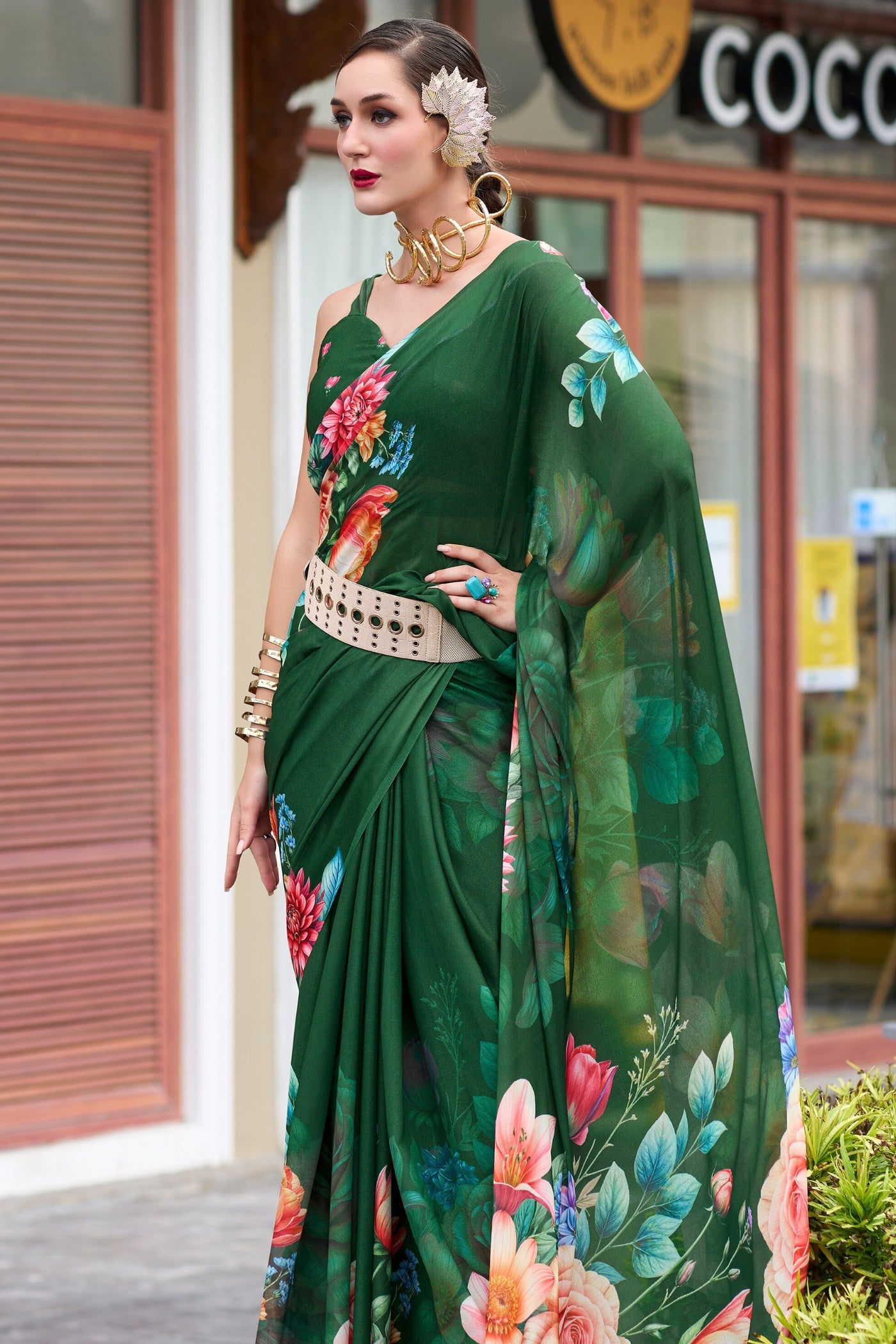 Buy MySilkLove Gable Green Printed Georgette Saree Online