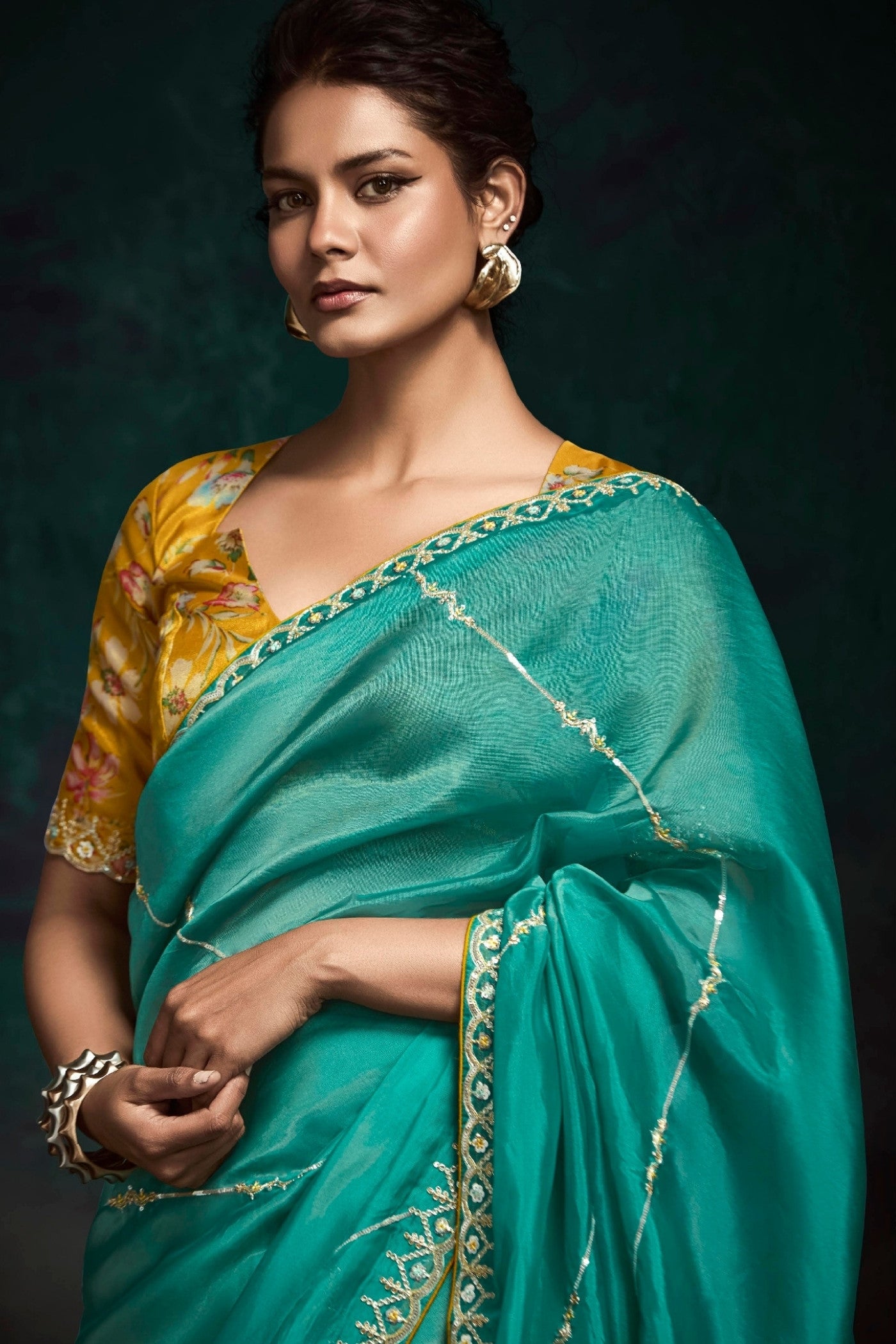 Buy MySilkLove Ocean Green Embroidered Tissue Designer Saree Online