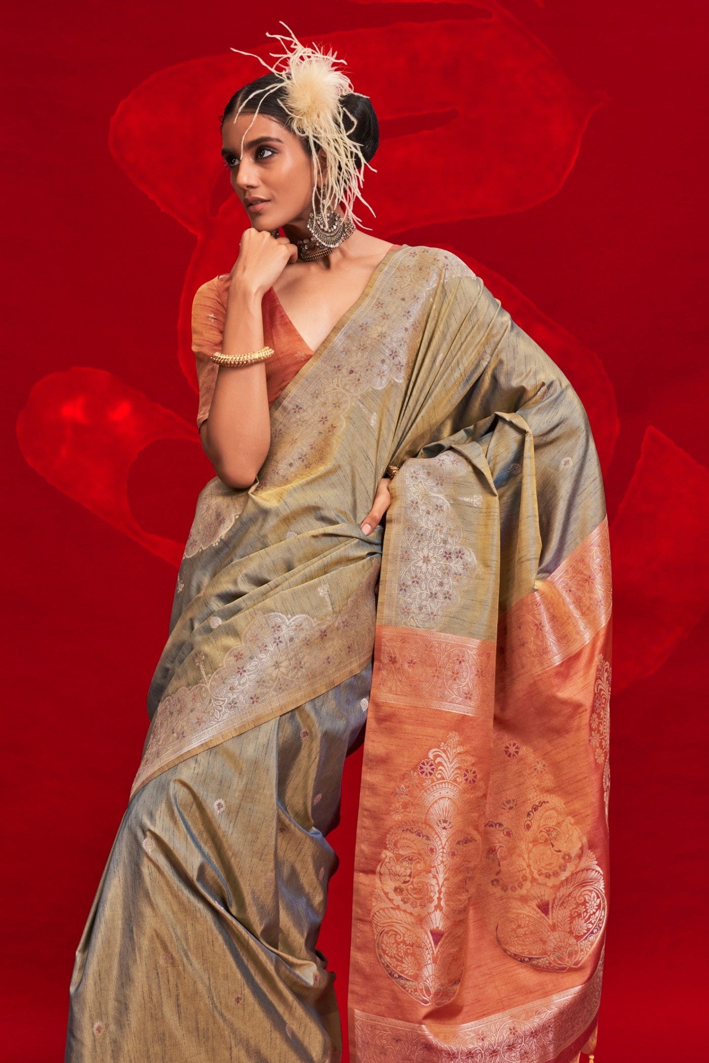 Buy MySilkLove Spice Green Tussar Handloom Silk Saree Online