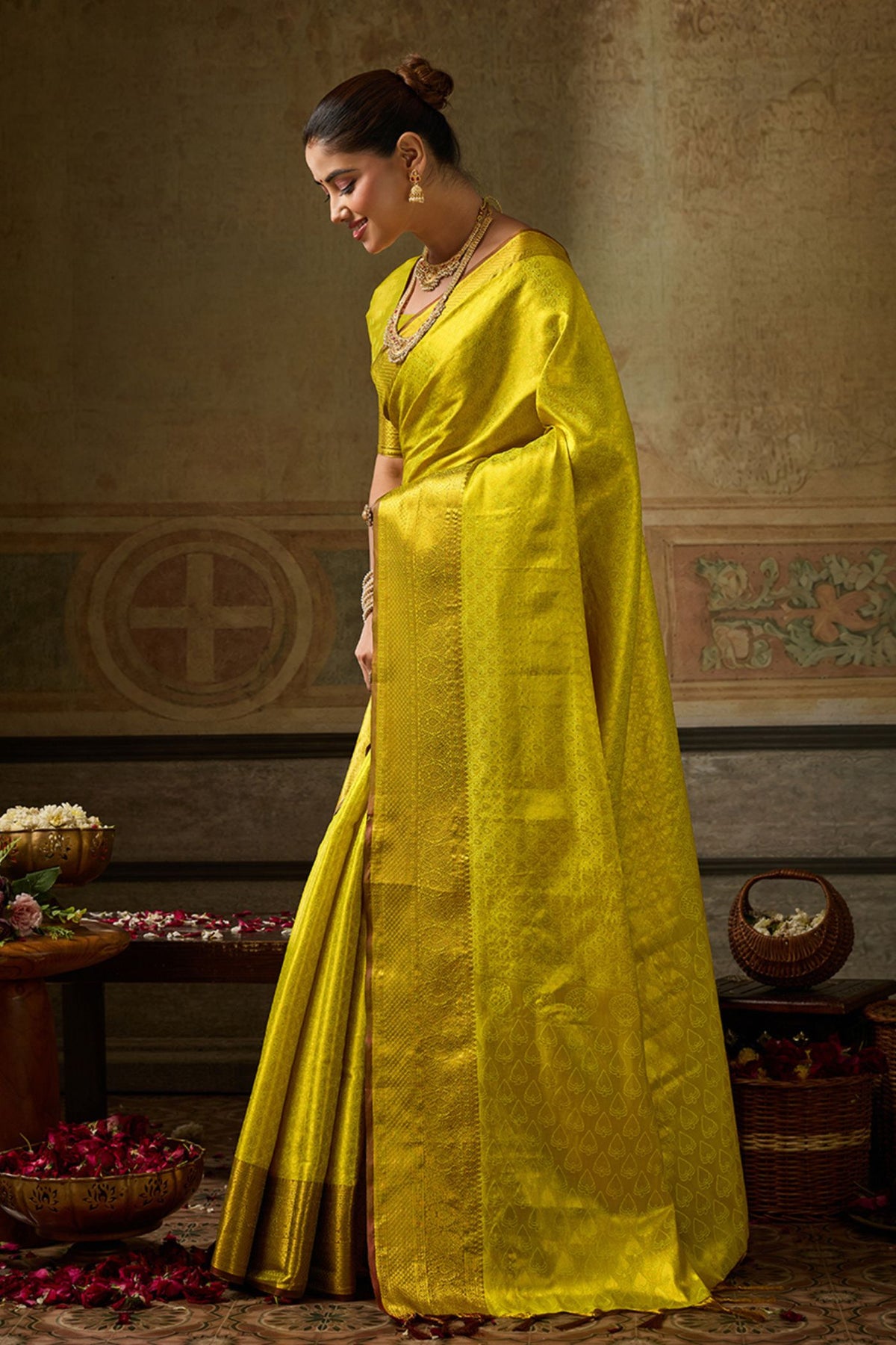 Buy MySilkLove Maize Green Woven Kanjivaram Saree Online