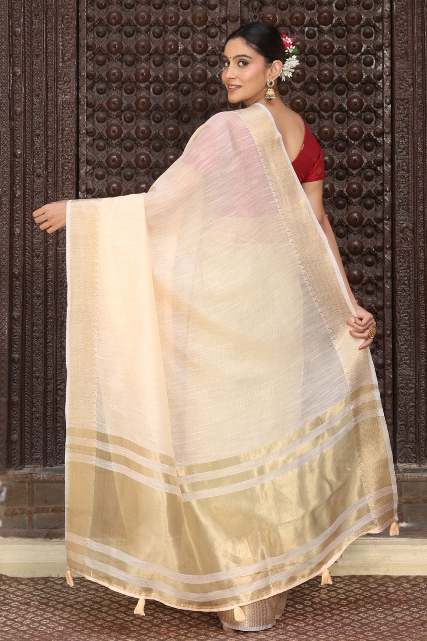 Buy MySilkLove Melon Peach Woven Cotton Saree Online