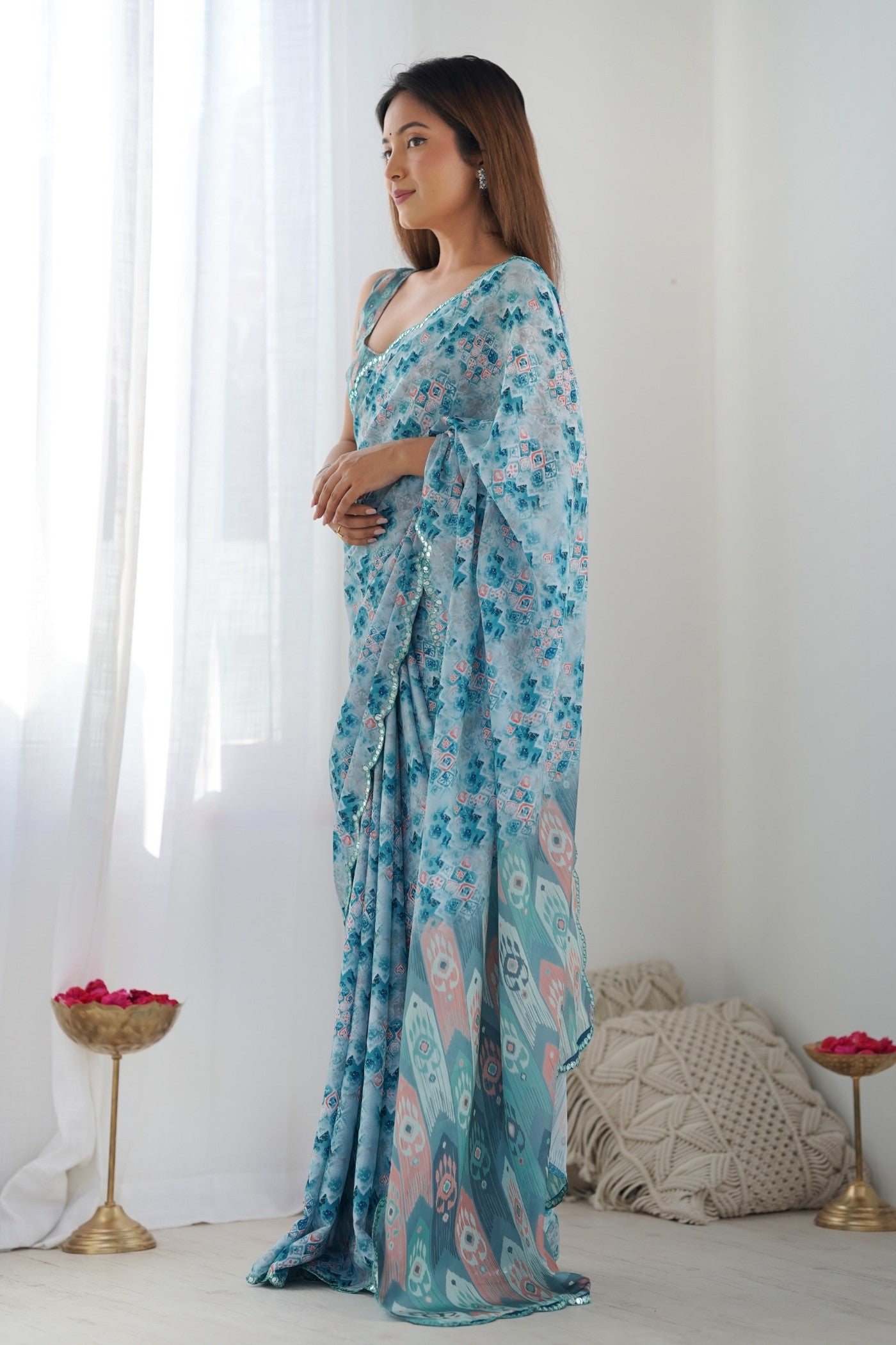 Buy MySilkLove River Blue Digital Printed Chinon Saree Online