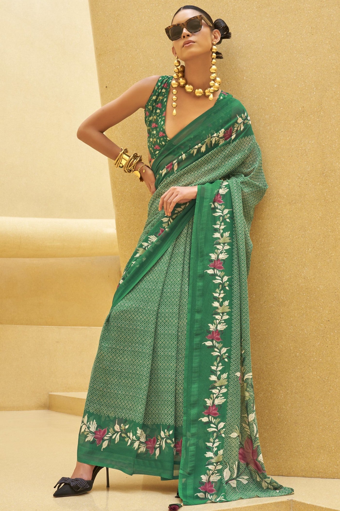 Buy MySilkLove Everglade Green Georgette Printed Saree Online