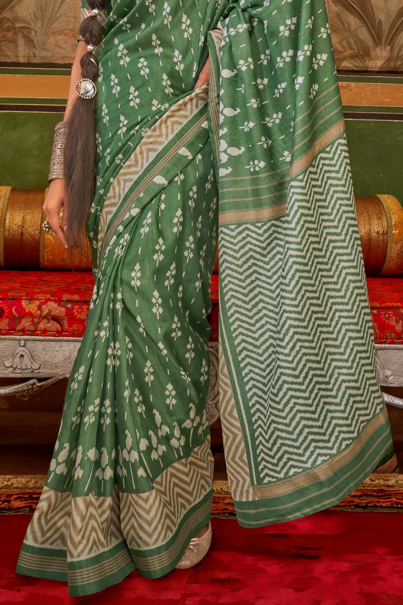 Buy MySilkLove Camouflage Green Printed Patola Saree Online