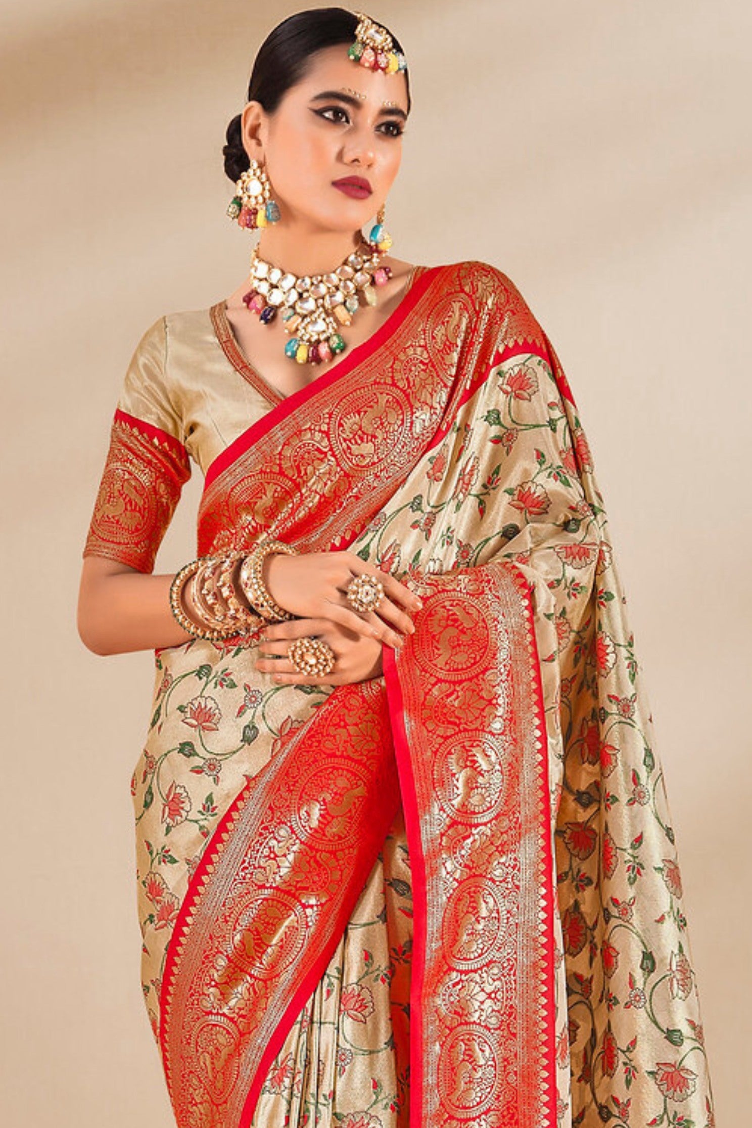 Buy MySilkLove Apricot Cream and Red Zari Woven Banarasi Saree Online