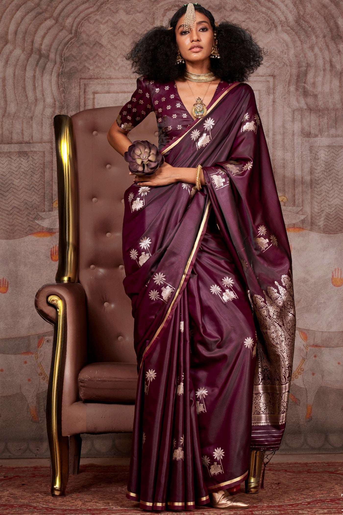 Buy MySilkLove Dark Coco Brown Banarasi Pichwai Satin Saree Online